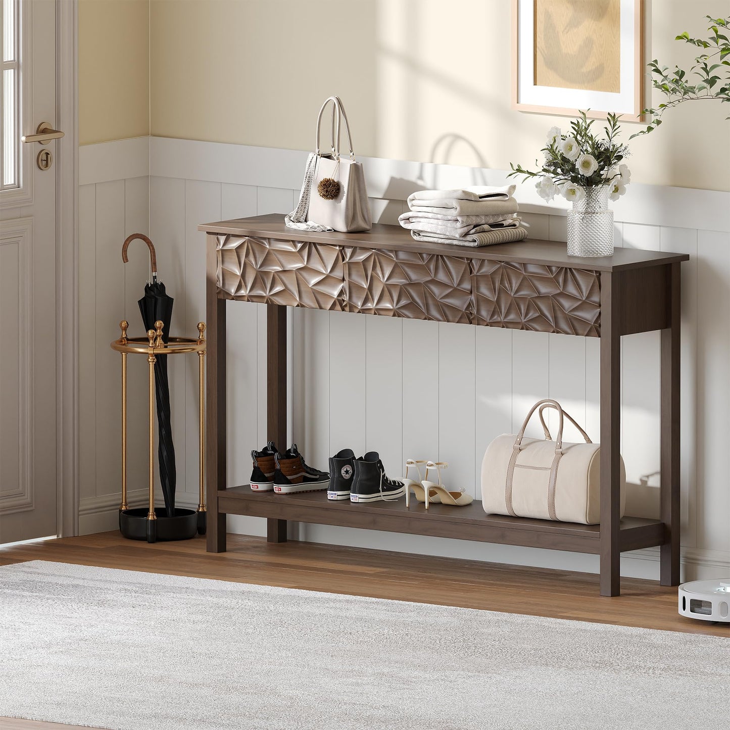 EVEVMINM 51 Inch Modern Console Table Farmhouse Entryway Table with 3 Drawers Narrow Wood Entry Way Table with Open Storage Shelf Long Sofa Table Behind Couch for Hallway, Foyer, Living Room, Walnut