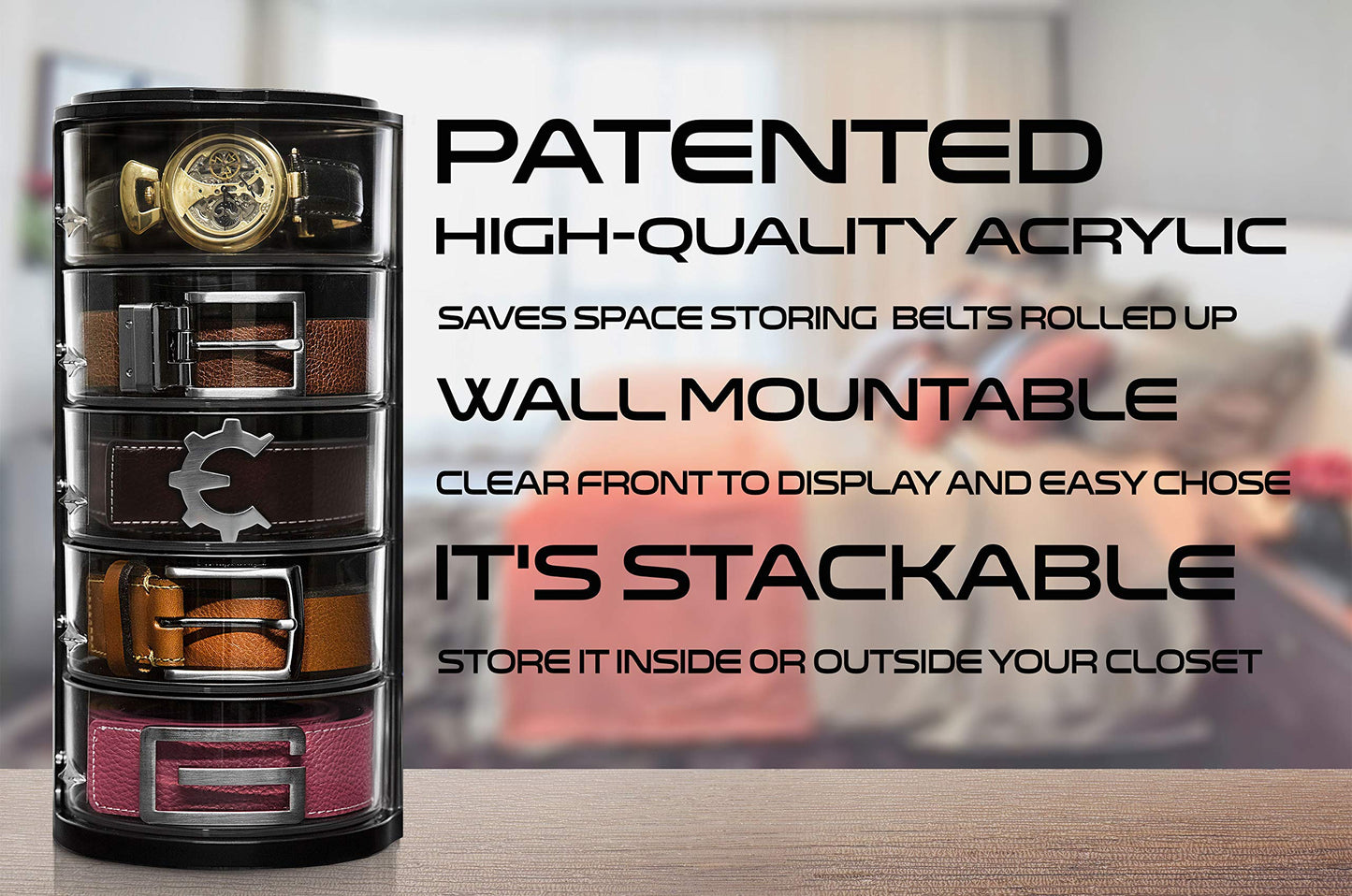 ELYPRO - Acrylic Belt Organizer, Rotating Drawer Storage for Belts, Jewelry, Makeup & Accessories – Transparent, Stackable, Wall-Mountable Design for Closet, Dresser, Vanity – Design Patent Protected