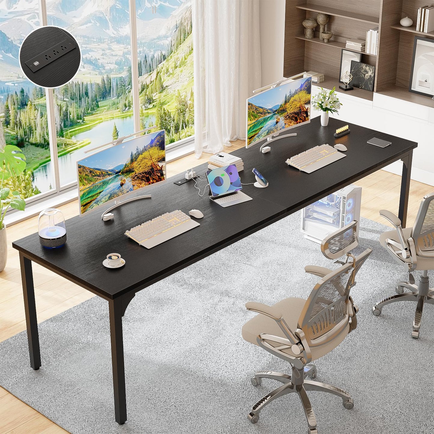 Unikito 78.7 Inches 2 Person Desk with Power Outlet, Long Double Home Office Computer Desks, Large Simple Desk, Modern Study Writing Table Workstation, Large Legroom, Metal Frame, Black