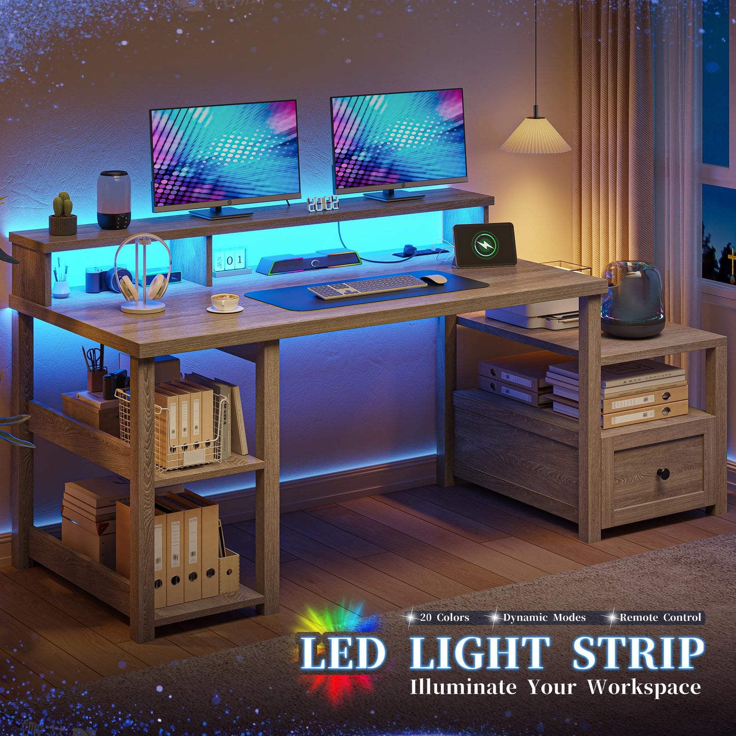 EnHomee 63" Farmhouse Style Computer Desk with Drawers and LED Lights, Storage Shelves and Power Outlets, Home Office Desks with Long Monitor Stand for Work, Study, Writing, Ash Gray