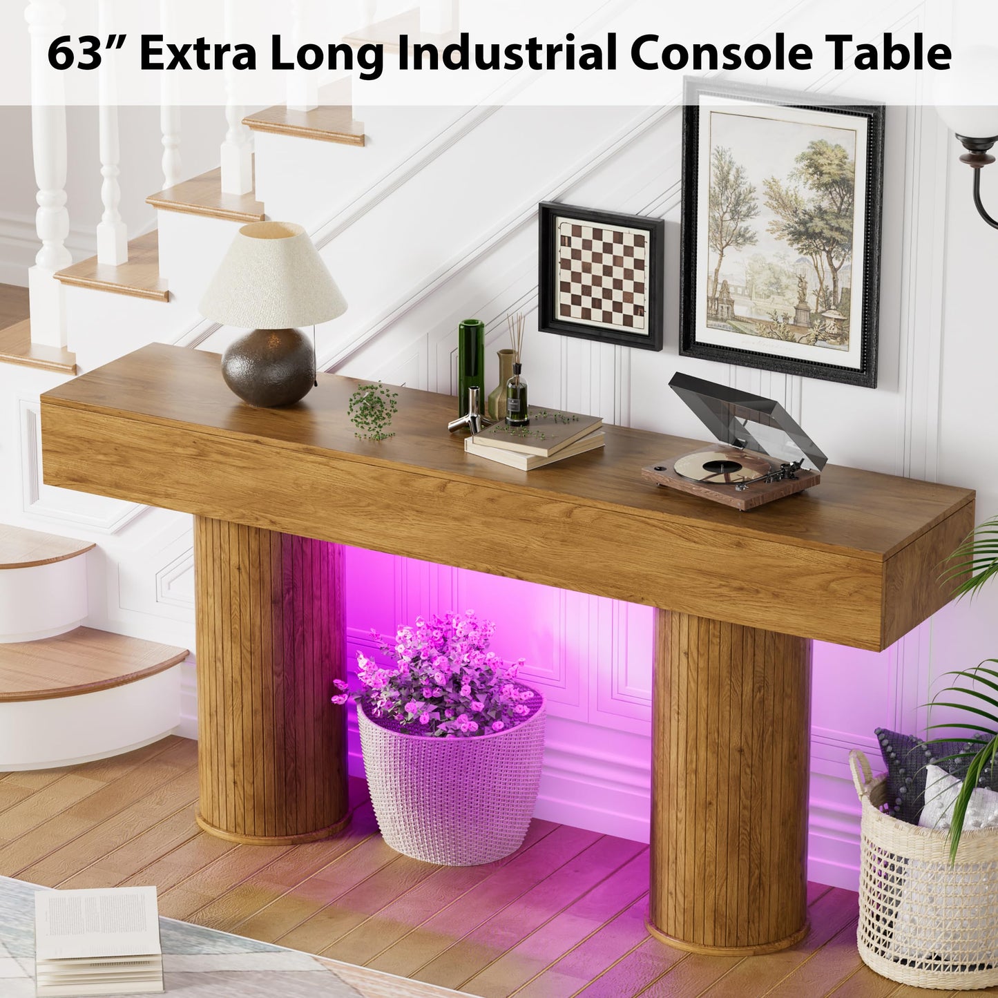 CASANOOKK 63-Inch Long Farmhouse Console Table,Wood Entryway Table with LED Light,Narrow Sofa Table Behind The Couch,Multiple Lighting Modes Adjustable,for Living Rooms,Entryway,Hallway,Rustic Brown