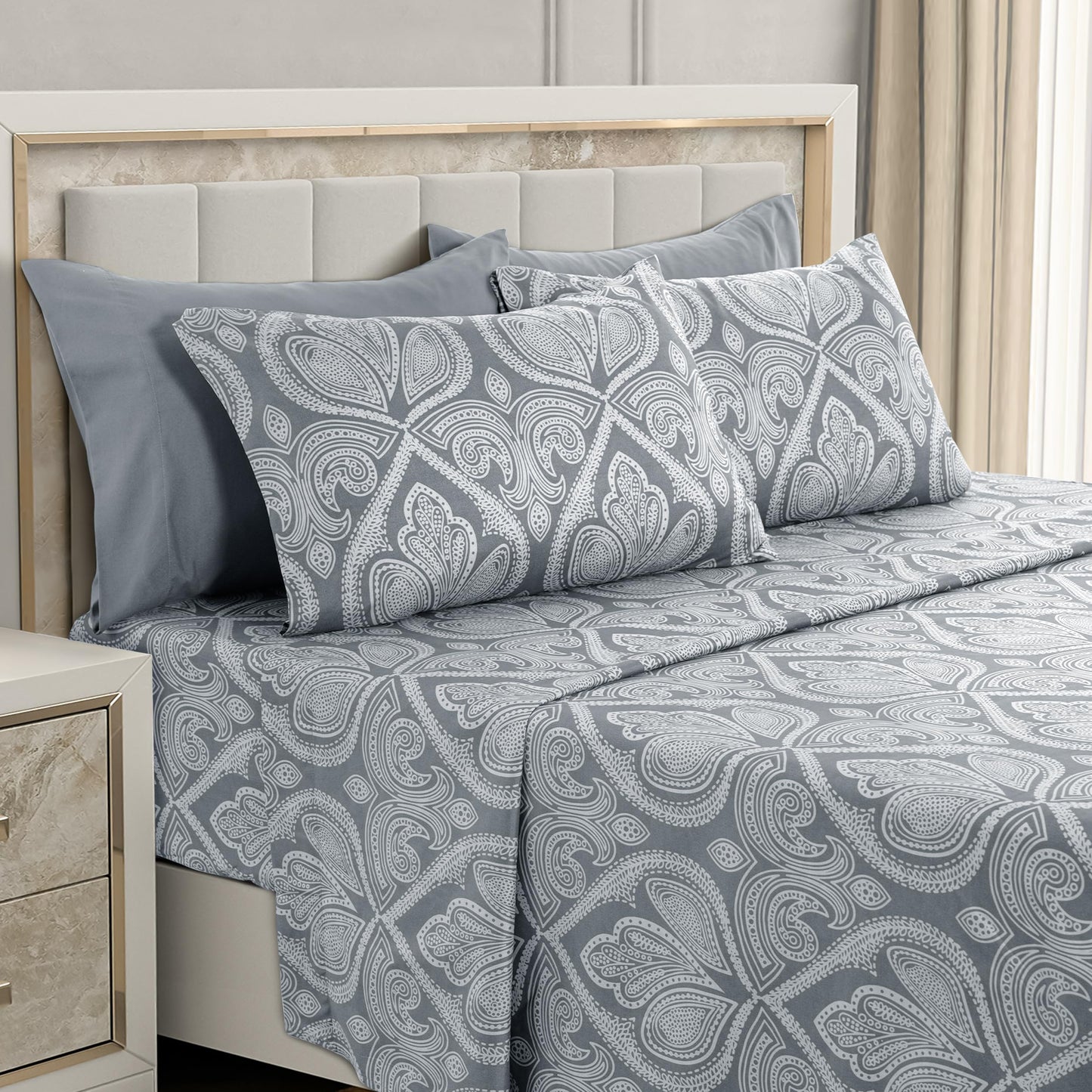 LUX Décor Paisley Queen Sheet Set, 6 PC Soft Microfiber Wrinkle Free Sheets - Luxurious Printed Bed Sheets Includes Flat Sheet, Fitted Sheet with Deep Pockets, & 4 Pillowcases - Grey