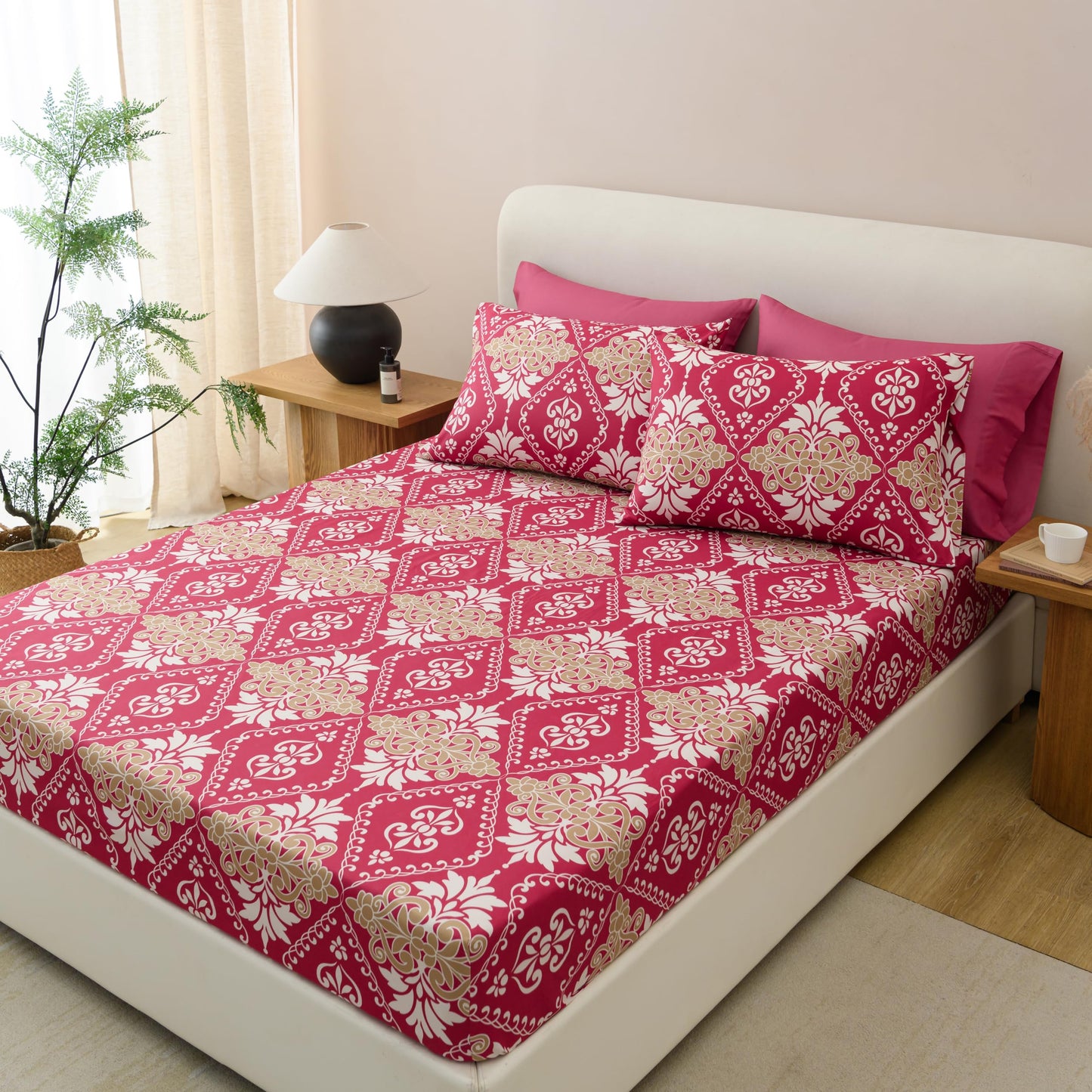 King Size Bed Sheets Set Deep Pockets - 6PC Floral Ultra Soft Microfiber Bed Sheets - Easy to Clean, 90 Thread Count Sheets with Fitted Sheet, Flat Sheet & Pillowcases (Burgundy Damask)