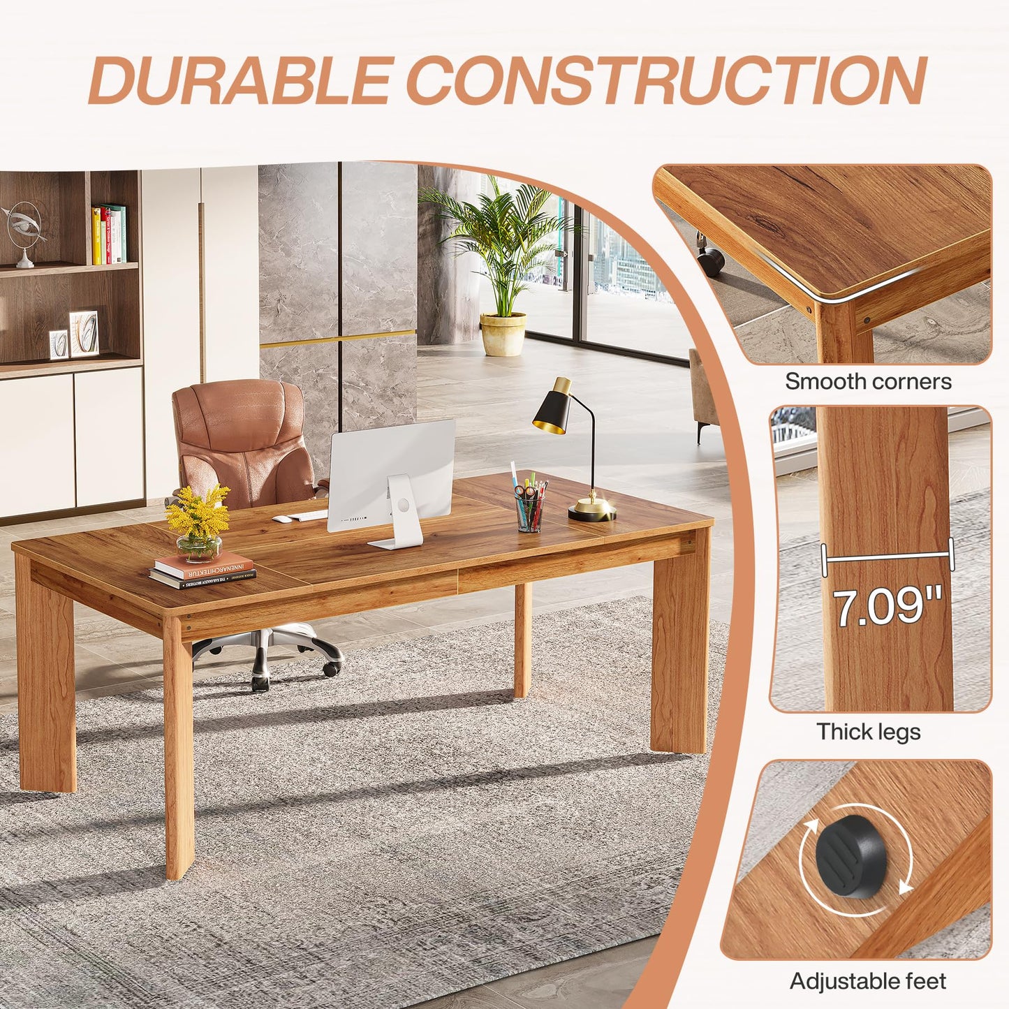 Tribesigns 62-Inch Large Executive Desks, Modern Computer Office Desk, Study Writing Table Home Office Desk Workstation with Thickened Wooden Legs, Brown