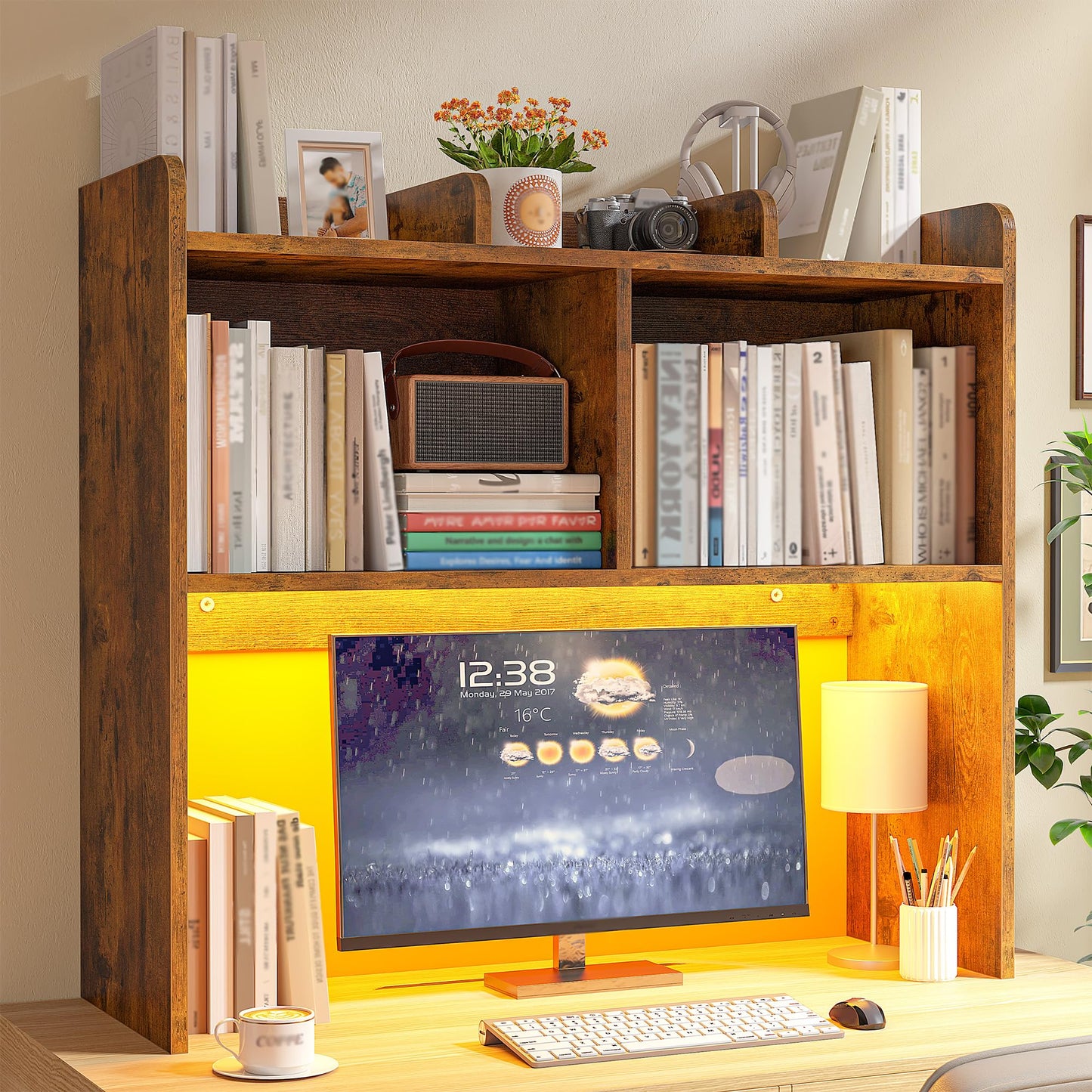 REIBII Desk Hutch Dorm for Computer Monitor Up to 27", Dorm Desk Hutch Top Only with RGB Light Strip, Wooden Desktop Bookshelf with 6 Shelves, 3-Tier Desktop Shelf for Home Office Dorm, Rustic Brown