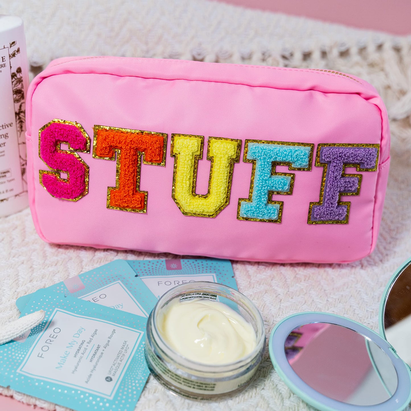 Fablinks Preppy Stuff Bag, Chenille Varsity Letter Makeup Pouch, Pink Nylon Skin Care Zipper Patch Bags Organizer for Women, Travel Make Up Skincare Cosmetic Stocking Stuffers