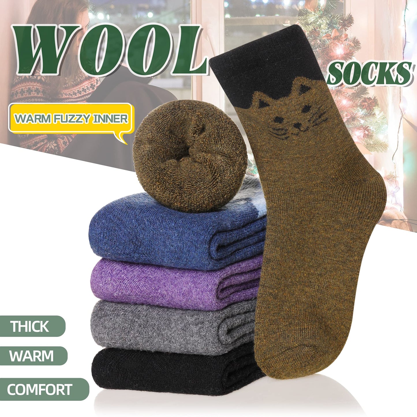 Velice Women Wool Socks Thick Thermal Hiking Warm Winter Crew Cushion Cozy Work Boot Socks 5 Pairs(Cat)