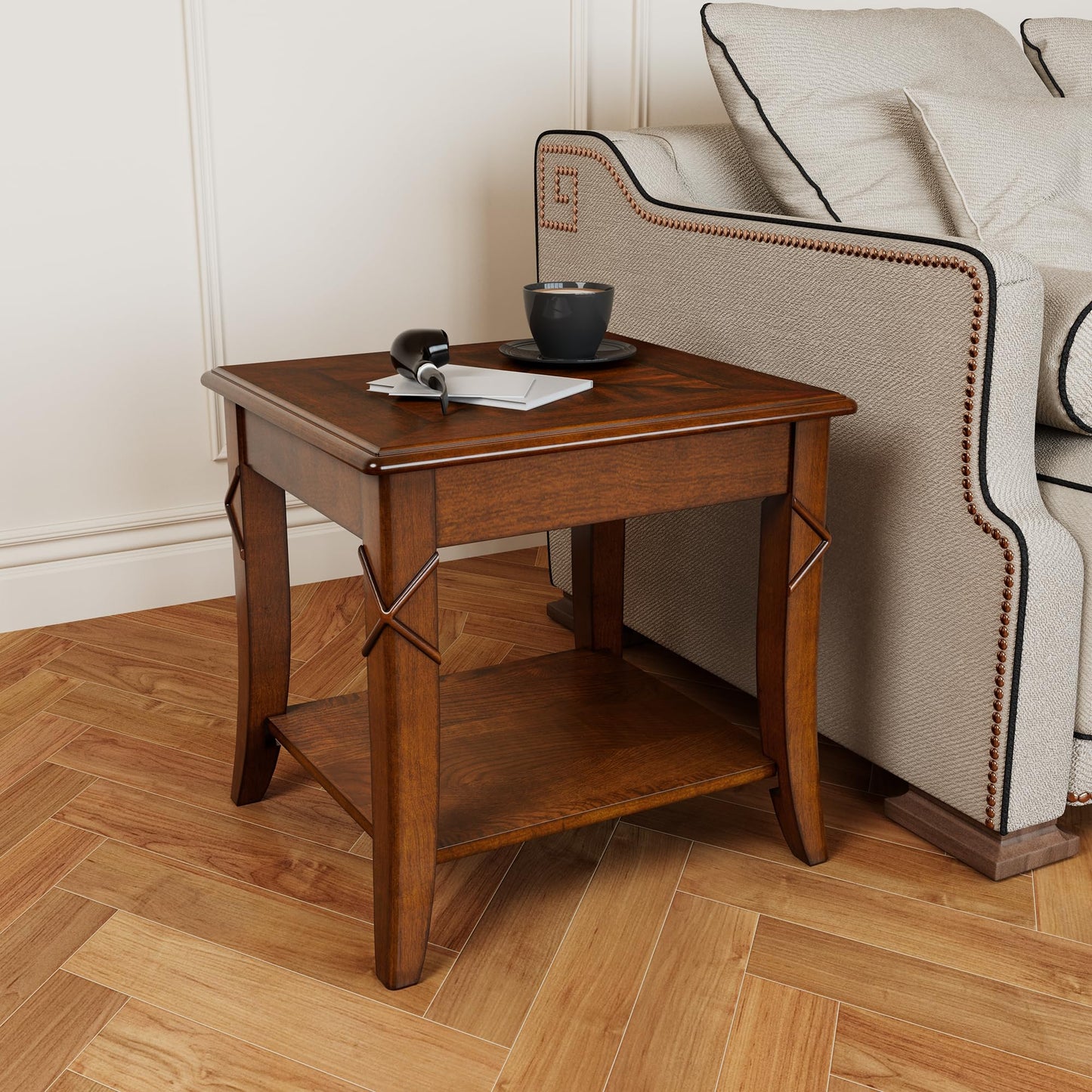 LEEMTORIG Cherry Solid Wood End Tables Living Room with Curved Legs, Mid Century Queen Anne Style Accent Side Tables Bedside Table with Storage Shelf, 19.7"W x 17.7"D x 19.7"H, Cherry Walnut CJZ-DR200
