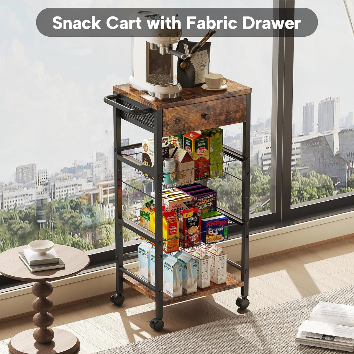 Kitchen Organizer and Storage Cart with Fabric Drawer and Convenient Handle, Snack Organizer Cart with 2 Pull-Out Baskets and 2 Storage Shelves, Rolling Kitchen Cart for Fruit Potato Onion Vegetable