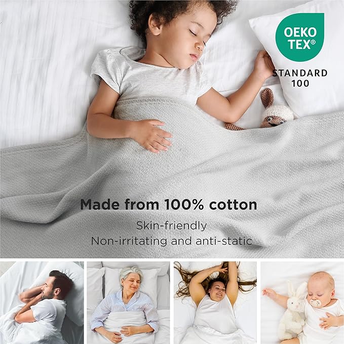 Bedsure 100% Cotton Blanket Twin XL Size for Bed - Breathable and Lightweight, Soft Cozy Textured Herringbone Woven Blanket for Summer Spring, Grey, 66x90 inches