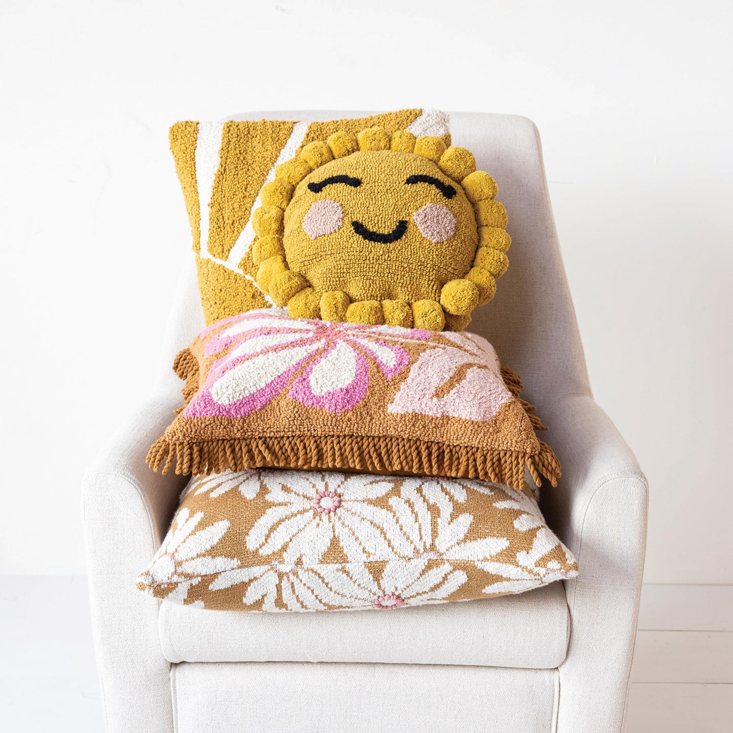 Creative Co-Op, Pink Cotton Punch Hook Pillow with Flower and Fringe, Brown, Natural, Square