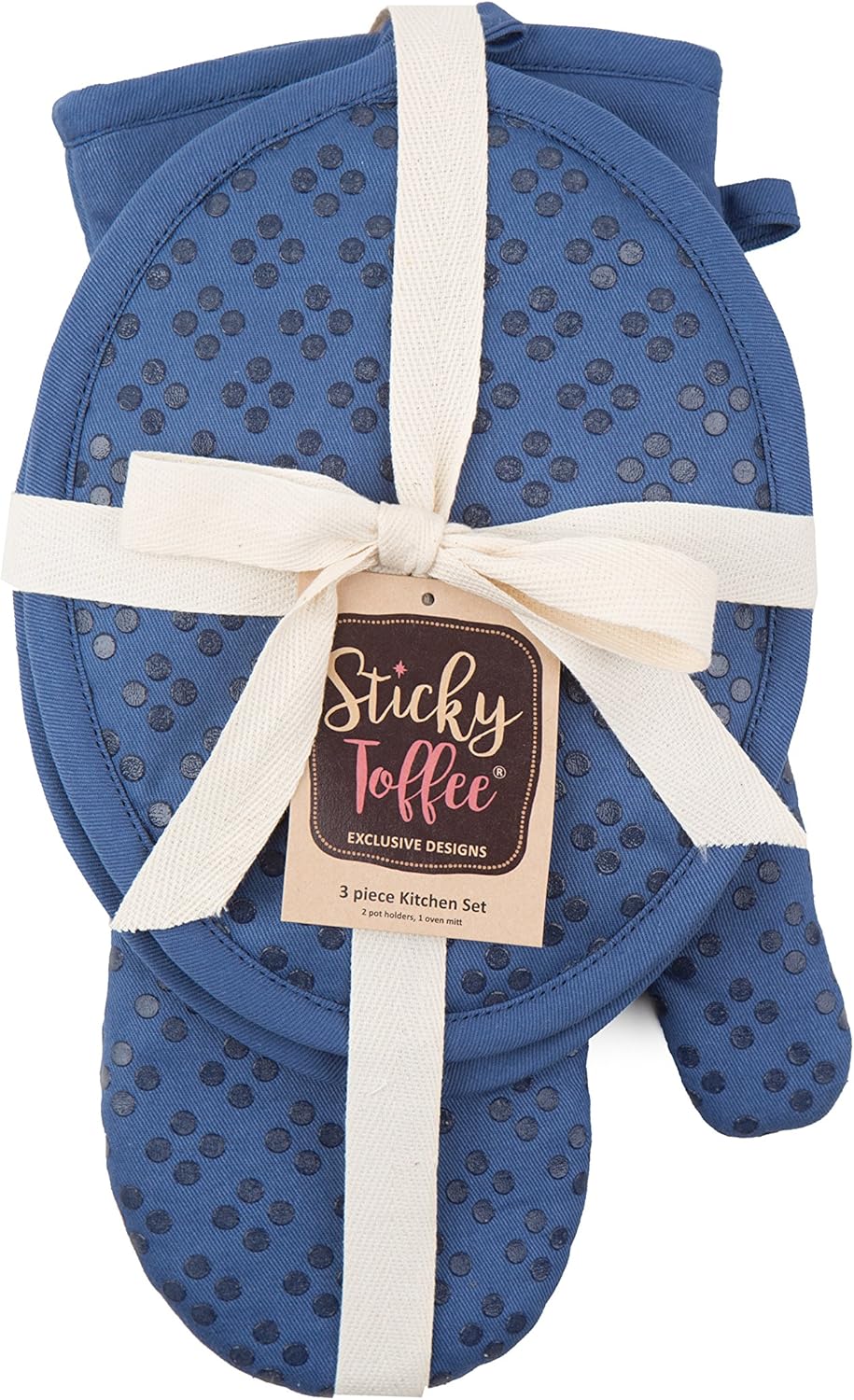 Sticky Toffee Oven Mitt and Pot Holder Set of 3 – Dark Blue Non-Slip Silicone Kitchen Hot Pads and Mitts, 100% Cotton Shell, Oeko-Tex Cotton