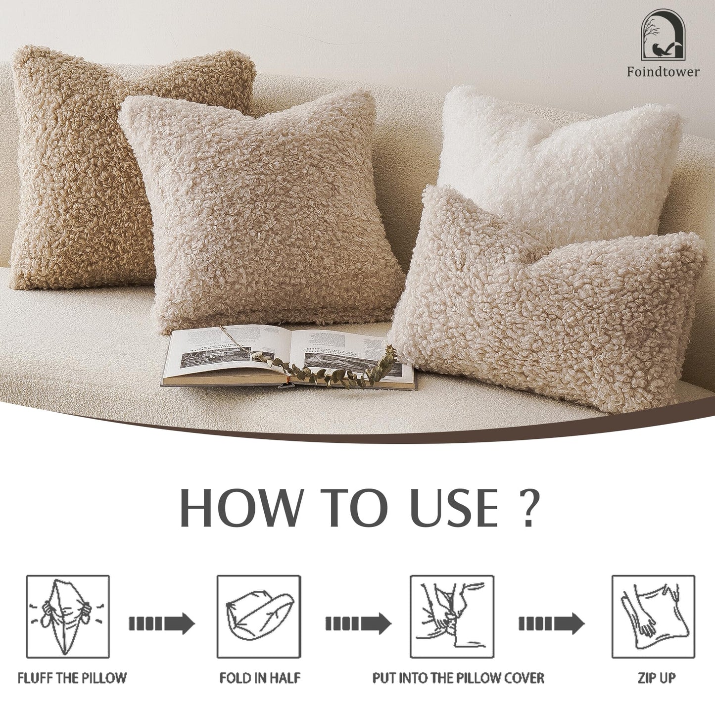 Foindtower Set of 2 Curly Teddy Wool Pillow Covers Decorative Boucle Textured Lumbar Throw Pillow Faux Fur Pillowcases Sheepskin Cushion Case for Sofa Bedroom Car 12"x20" Light Khaki