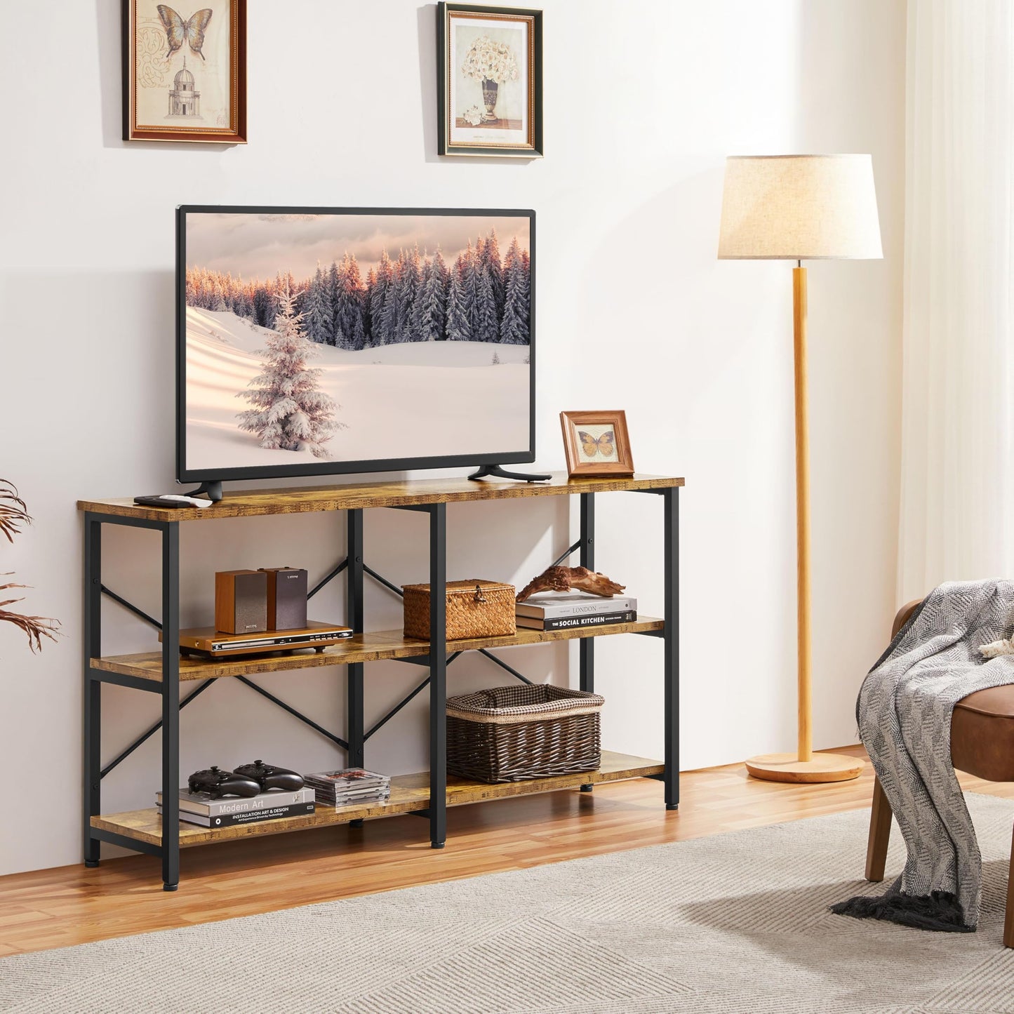 Yaheetech 55 Inch Console Table, Industrial Entryway Table with 3-Tier Storage Shelves, Sofa Tables Narrow Long for Living Room, Entryway, Hallway, Foyer, Metal Frame, Rustic Brown