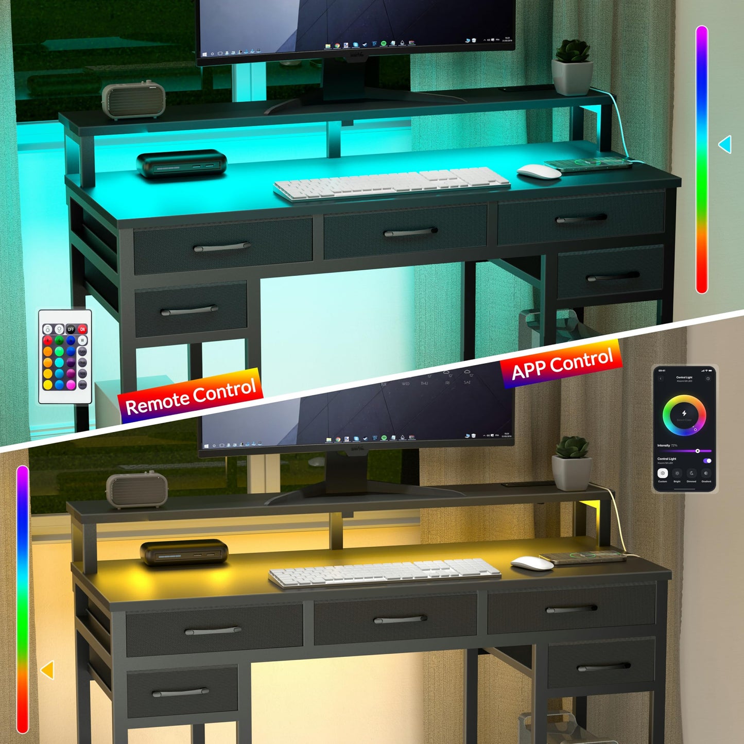 Uniheim Black Computer Desk with Drawers, Gaming Desk with LED Light & Power Outlet, 47" Home Office Desk with Large Storage & Monitor Stand for Small Space