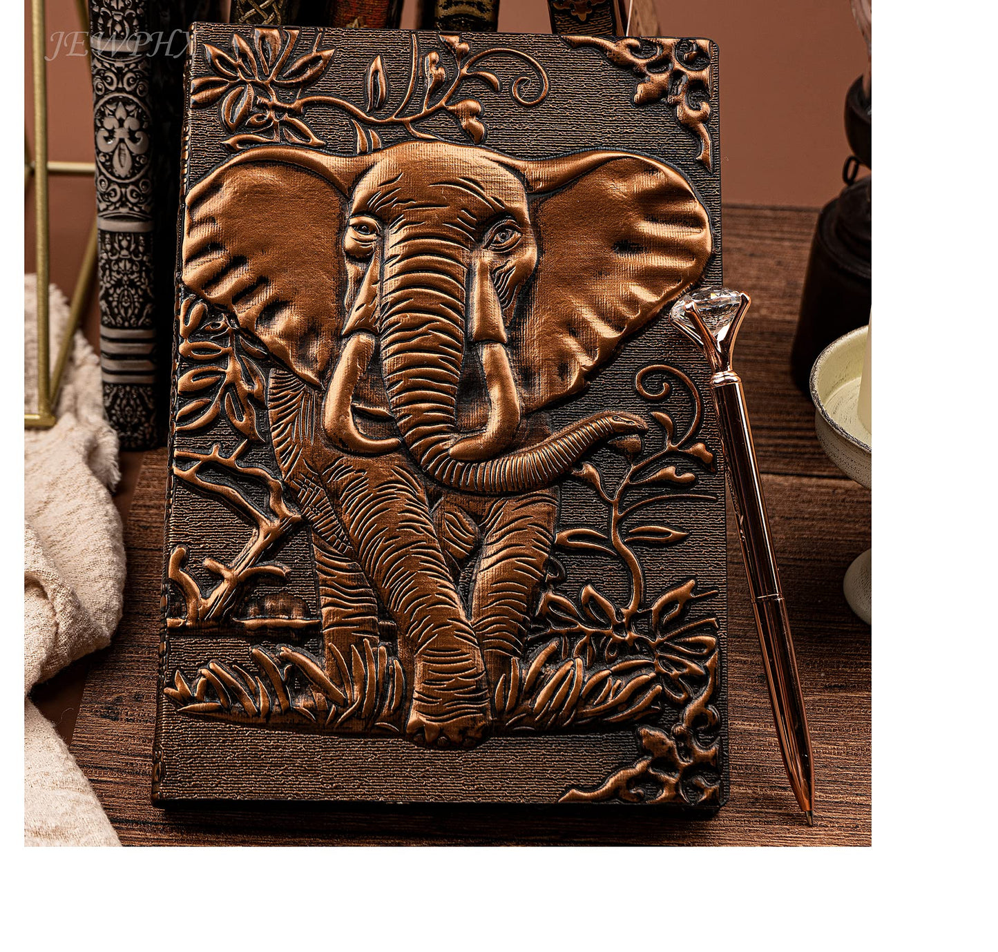 JEWPHX 3D Elephant Vintage Leather Journal Writing Notebook with Pen Set,Antique Handmade Leather Daily Notepad Sketchbook,Travel Diary&Notebooks to Write in,Elephant Journal Gift for Men Women
