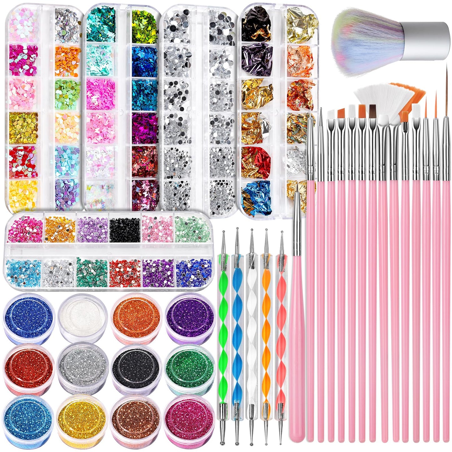 FANDAMEI Nail Art Decoration Kit, Design Tools Set with Nail Art Brushes, Dotting Tools, Fine Glitter, Butterfly Heart Sequins, Foil Flakes, Nail Rhinestones, Dust Brush