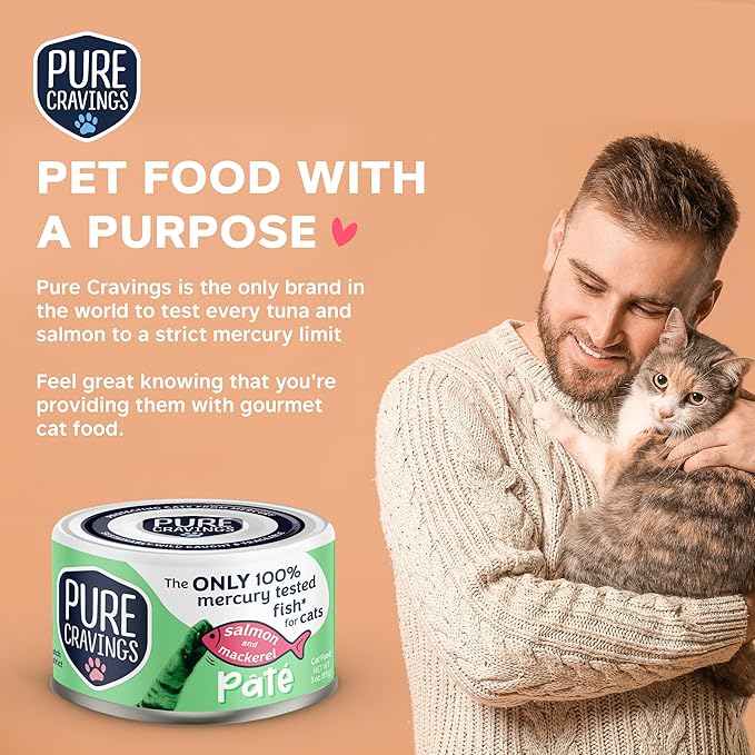 Salmon and Mackerel Pate, Canned Wet Cat Food, 100% Mercury-Tested, Moist Can Fish, Grain-Free Protein, Non-GMO, 12 Pack