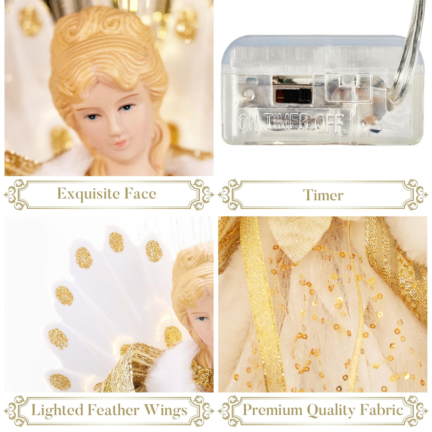 Valery Madelyn Lighted Christmas Tree Topper Angel with Timer, 16 Inch Luxury White Gold Fabric Small Angel Tree Topper with Lights for Christmas Tree Decor Indoor, Battery Operated, Valentines Gift