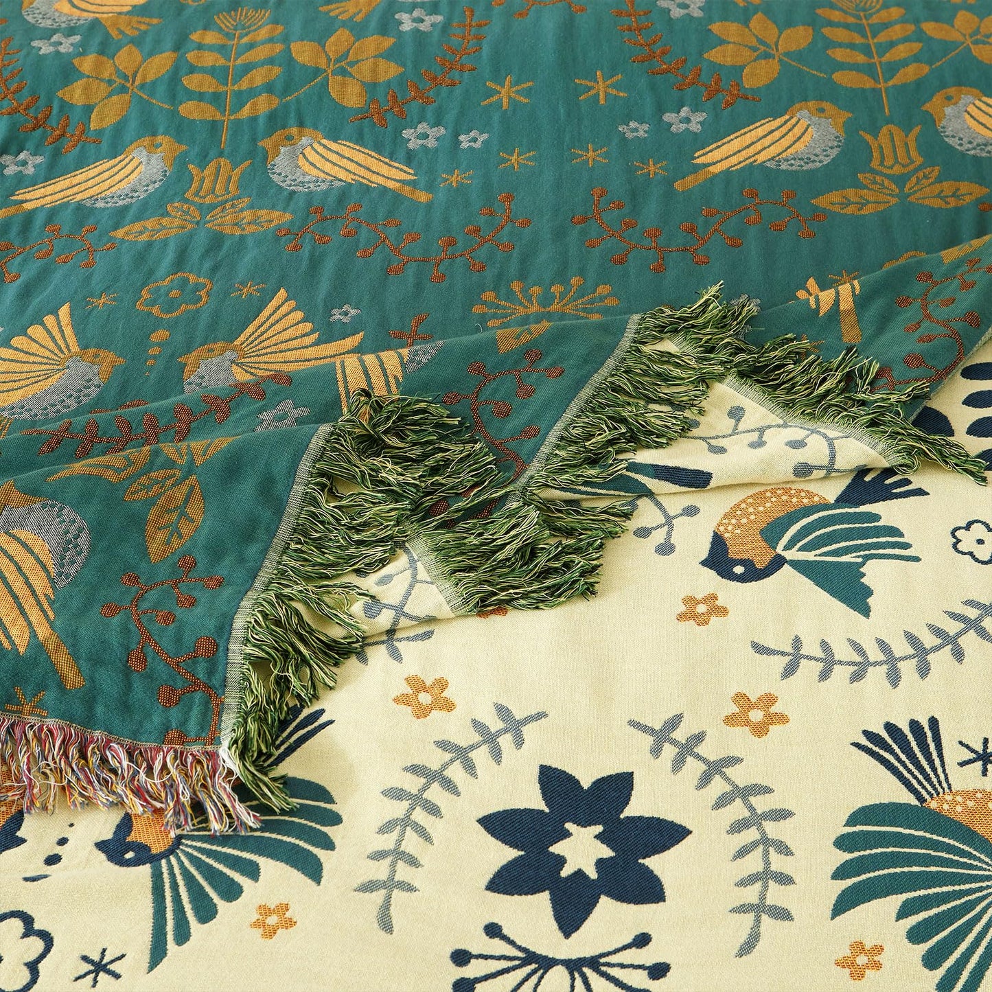 Boho Throw Blanket- 100% Cotton Muslin Blanket for Bed Couch, 60"x80" Reversible Breathable Summer Blanket Soft Lightweight Farmhouse Throw Blanket Rustic Quilt, All Season Floral Bird Decor Blankets