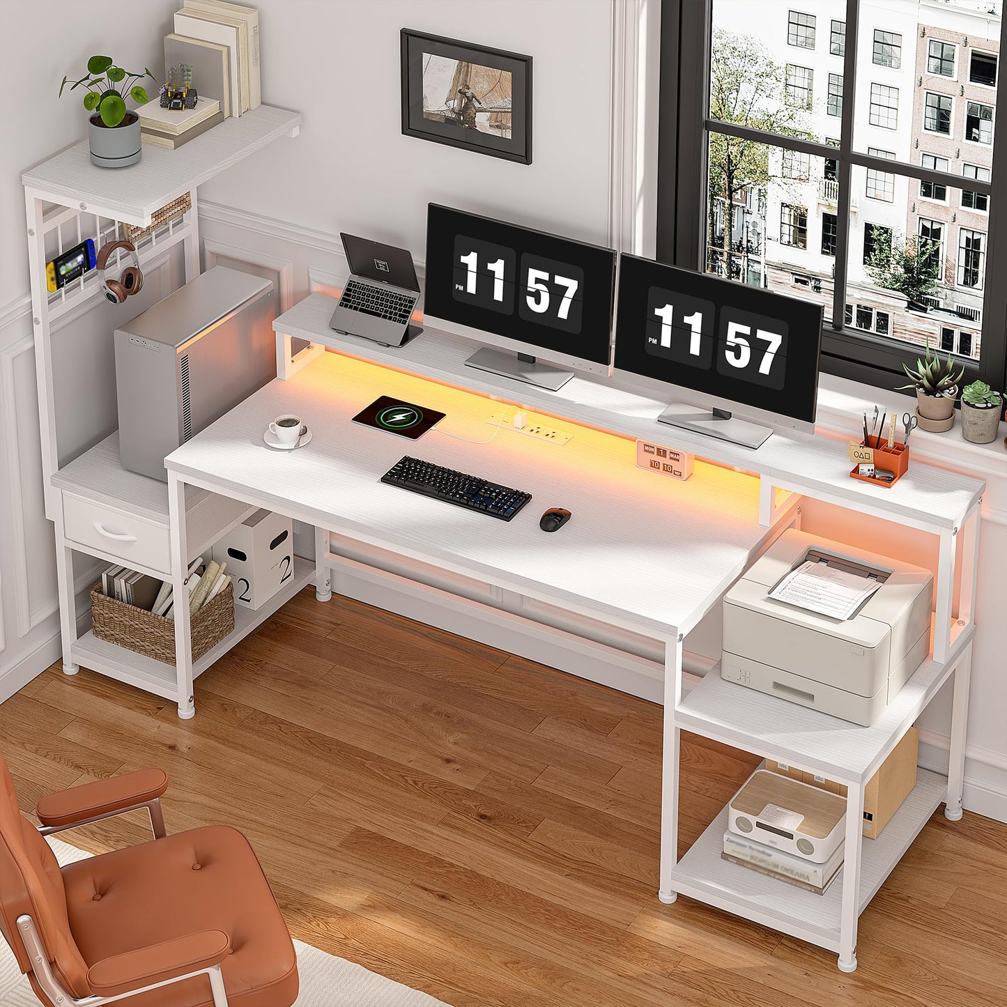 DurayLoly 63" Gaming Desk with LED Lights & Outlets,Computer Desk with Drawers & Monitor Stand,Gaming Table with Storage Shelves & Printer Space for Game Room,Home Office,Bedroom,White
