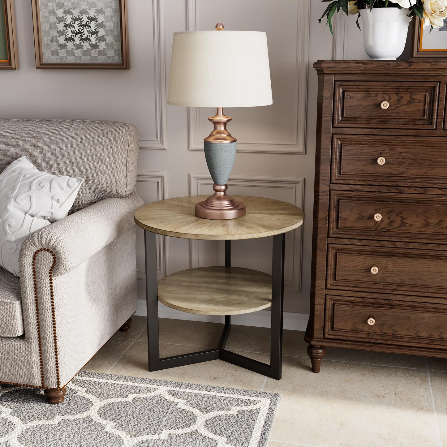 LEEMTORIG Round End Table with Storage, Farmhouse Circle Side Table for Living Room, Solid Wood 2-Tier Nightstand, Natural Wood Tabletop & Black Metal Frame, 25.2" D x 24" H, CJZ-1338