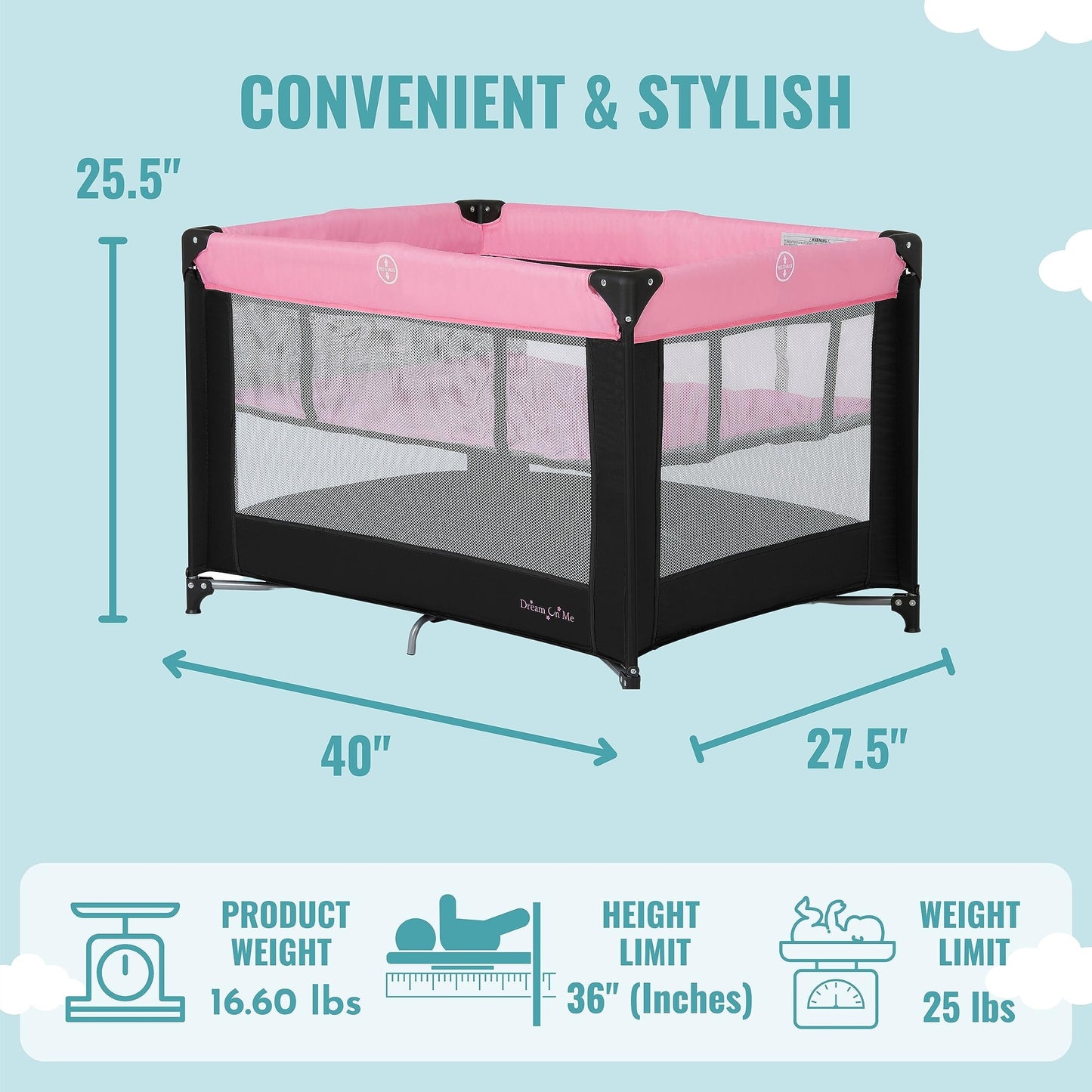 Dream On Me Zazzy Portable Playard with Bassinet in Pink, Packable and Easy Setup Baby Playard, Lightweight and Portable Playard for Baby with Mattress and Travel Bag