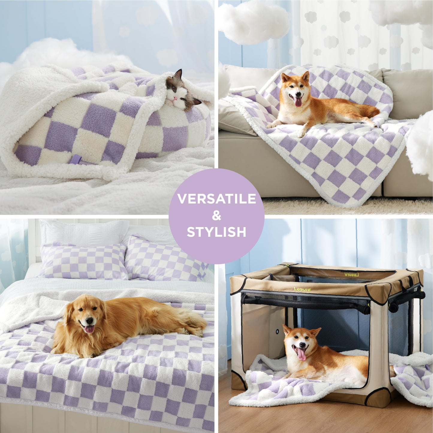 Lesure Waterproof Dog Blanket for Large Dogs - Washable Double Sided Dog Blankets with Warm Jacquard Shag and Soft Sherpa Fleece, Pet Cat Blanket for Bed Couch Protection, 3D Textured Checks, Purple