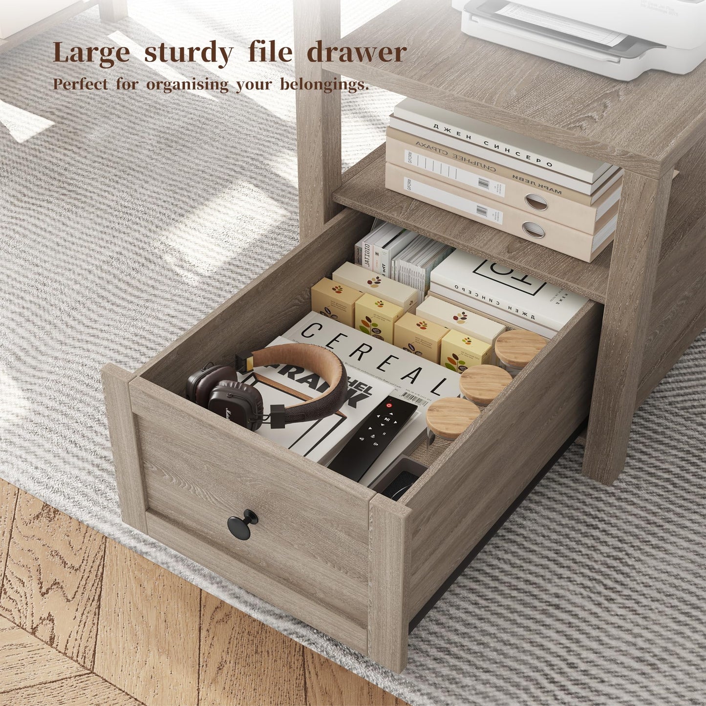 EnHomee 63" Farmhouse Style Computer Desk with Drawers and LED Lights, Storage Shelves and Power Outlets, Home Office Desks with Long Monitor Stand for Work, Study, Writing, Ash Gray