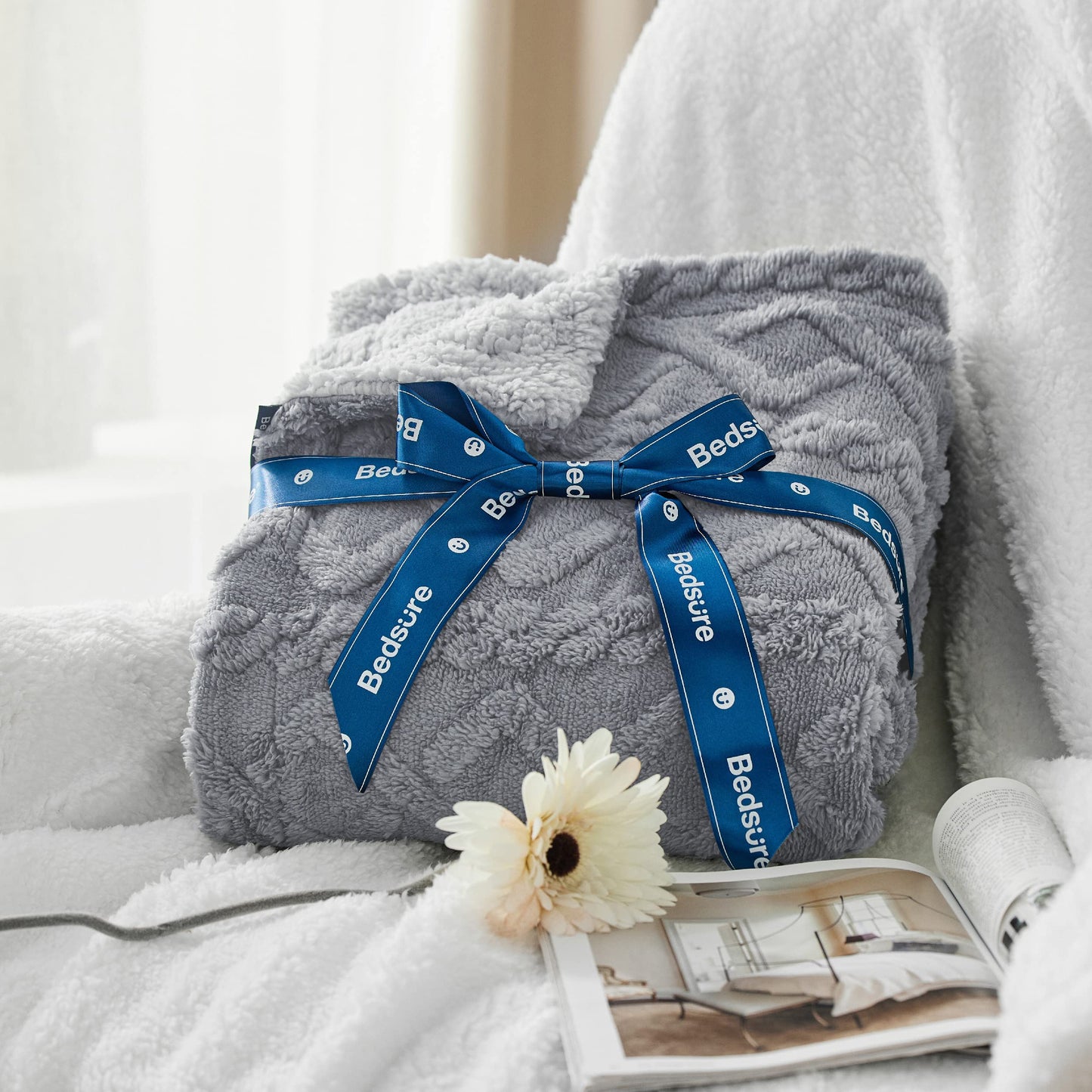 Bedsure Sherpa King Size Blanket for Bed- Fleece Soft Cozy Fuzzy Cable Blankets for Women, Thick Warm for Winter and All Seasons, Grey, 108x90 Inches