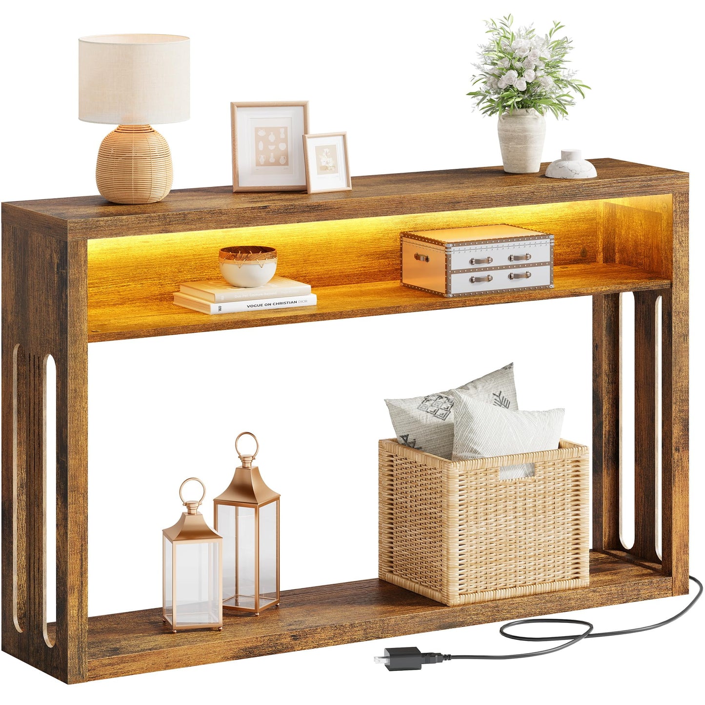 FAVOOSTY Farmhouse Console Table with Storage, 47" Entryway Console Table with Led Light, 2-Tier Entryway Table Sofa Table Behind Couch Table Hallway Stand for Living Room,Foyer,Entrance Brown