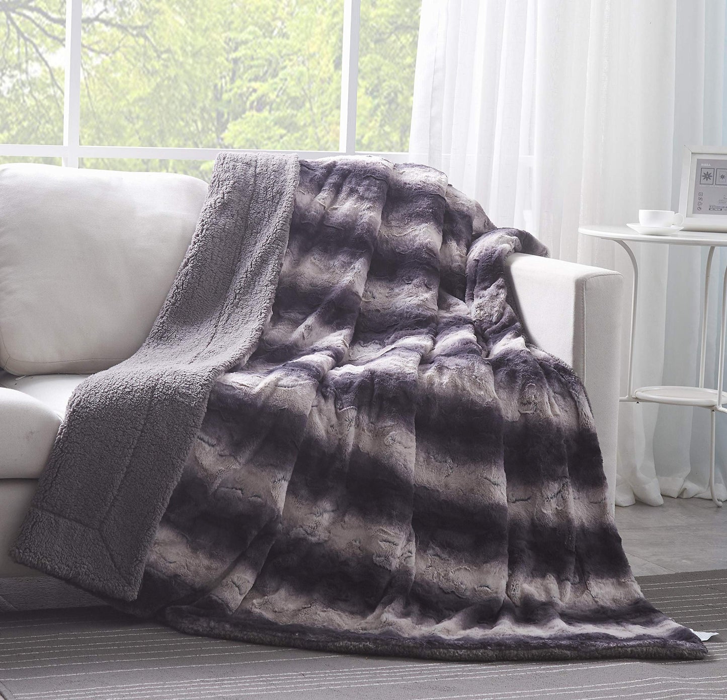Tache Faux Fur Throw Blanket Charcoal Black 50 x 60 Inch Plush Super Soft Striped Fluffy Faux Fur Sherpa Lap Throw Blanket