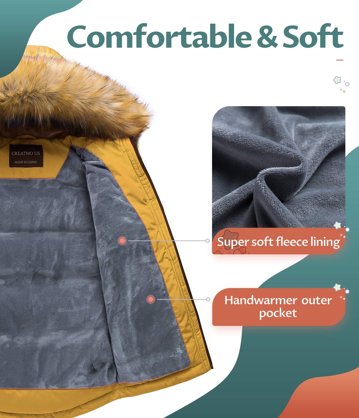 CREATMO US Boy's Winter Parka Water Resistant Hooded Puffer Fleece Lined Jackets Coats Yellow 6-7