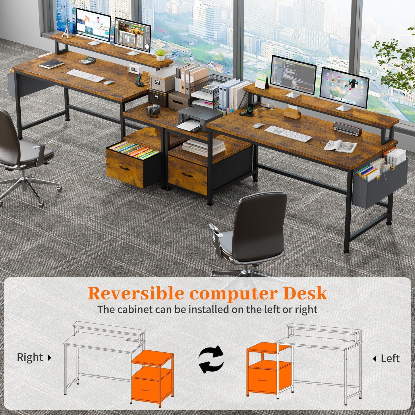 EnHomee 57" Computer Desk with Drawers and Printer Space,Office Desk with Power Outlets,Home Office Desks with File Drawers Cabinet,Study and Gaming Desk with Shelves Monitor Stand,Rustic Brown