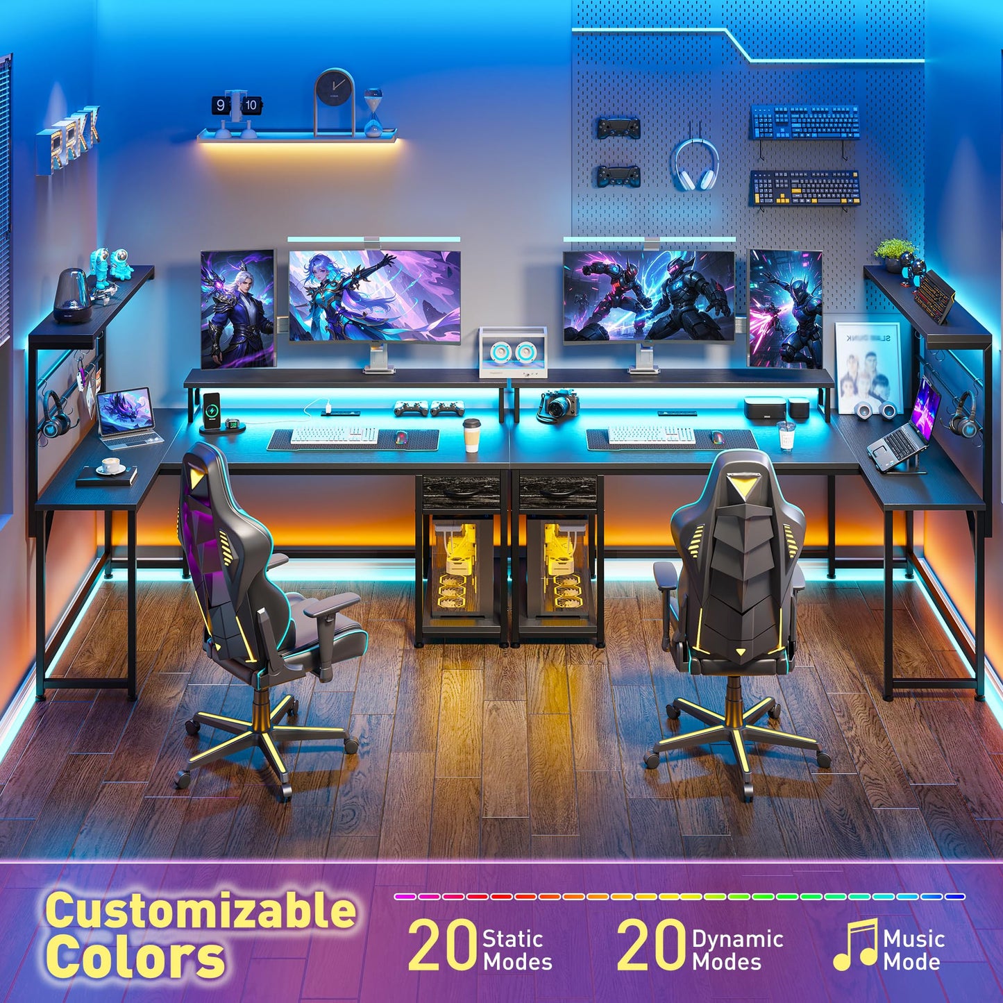 EnHomee L Shaped Gaming Desk with LED Light & Power Outlet, Reversible Computer Desk with Hutch & Drawer, Home Office Desks with Hooks & Monitor Stand, Black
