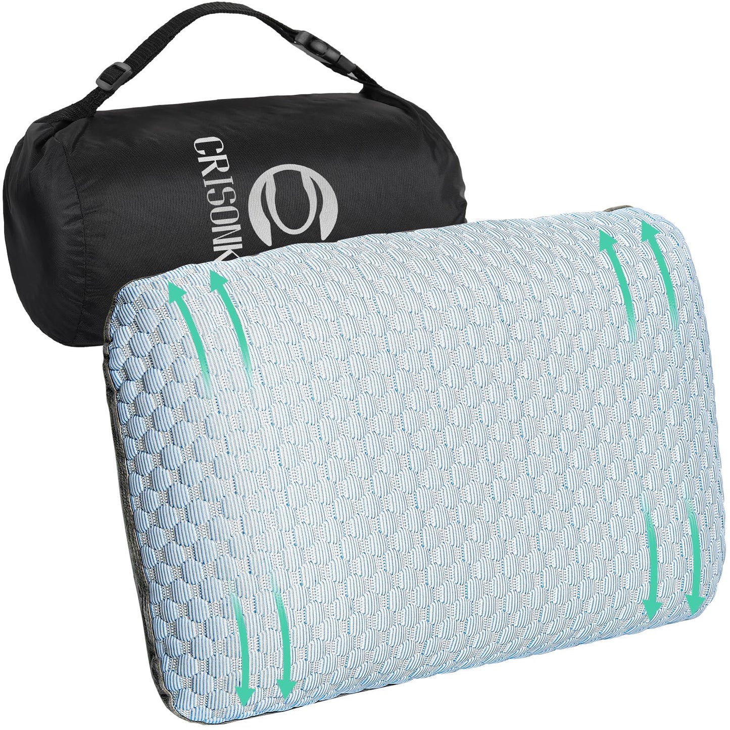 Crisonky Travel and Camping Pillow- Compressible Medium Firm Memory Foam Pillow with Carry Bag for Backpacking & Airplane, Lumbar Support. Breathable Cooling Fabric, Washable Pillowcase (Wathet Blue)