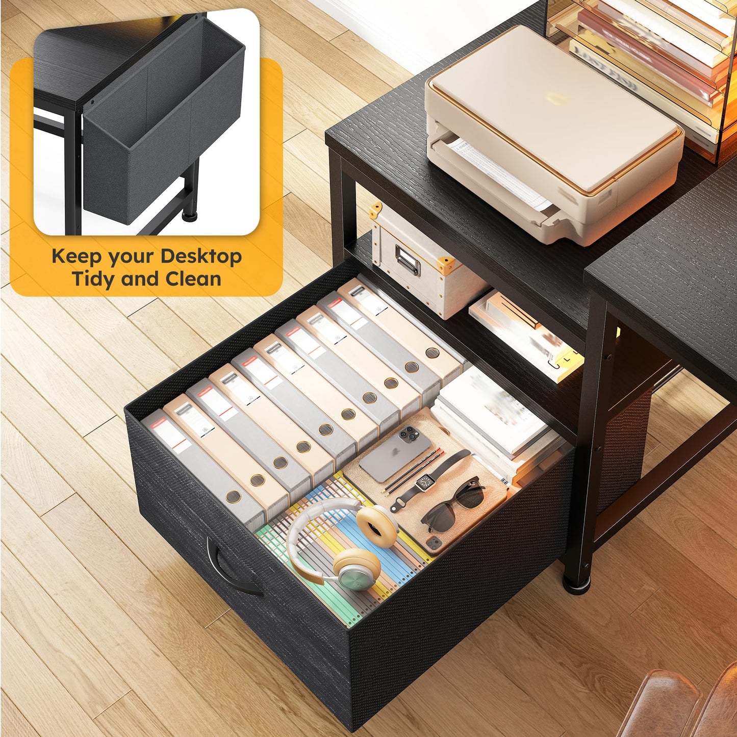 DurayLoly Computer Desk with Power Outlets and LED Lights,57" Home Office Desks with Drawers and Printer Space,Office Desk with File Drawers Cabinet,Gaming Table with Shelves Monitor Stand,Black