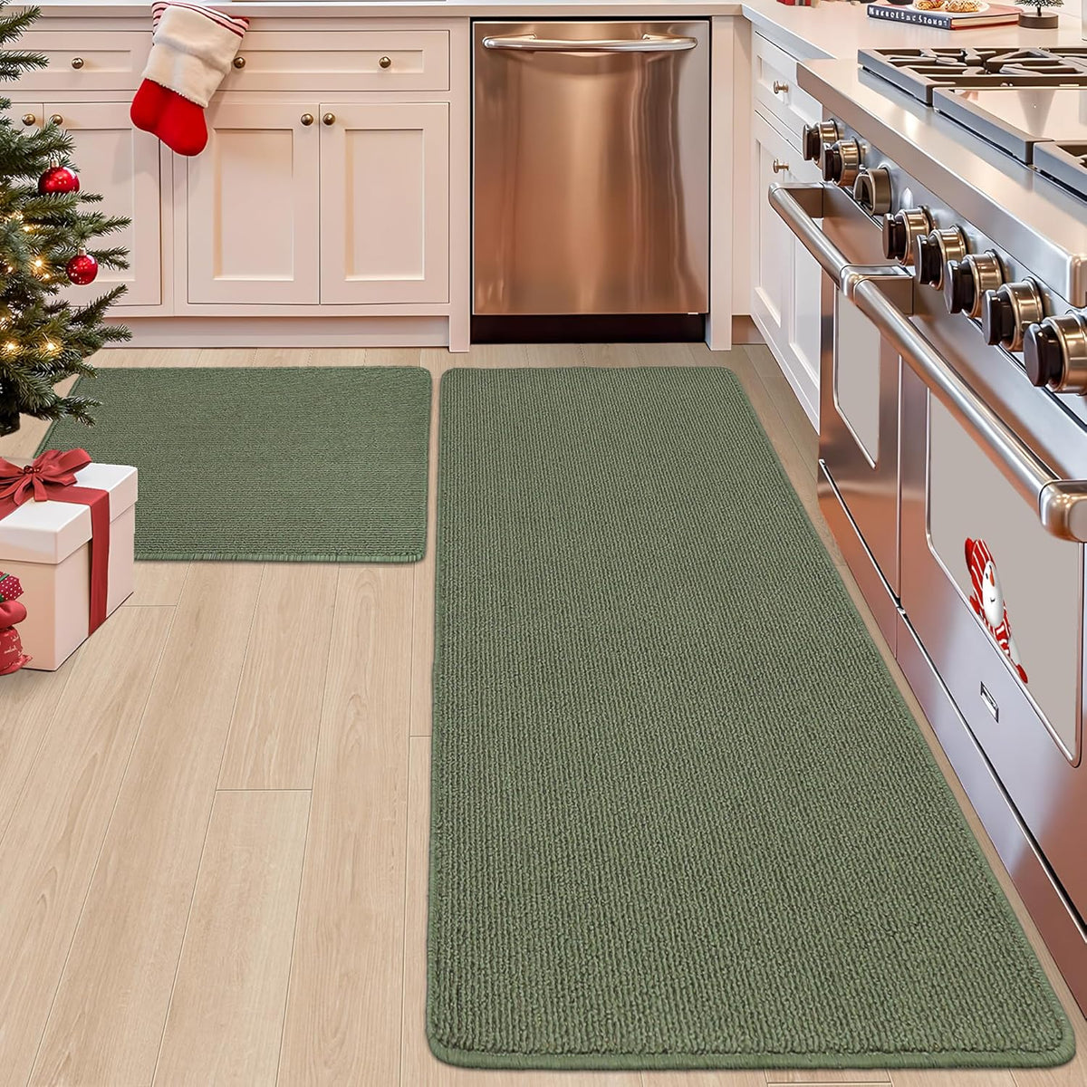 COSY HOMEER 24x35 Inch/24X60 Inch Kitchen Rug Mats Made of 100% Polypropylene Strip TPR Backing 2 Pieces Soft Kitchen Mat Specialized in Anti Slippery and Machine Washable,Green