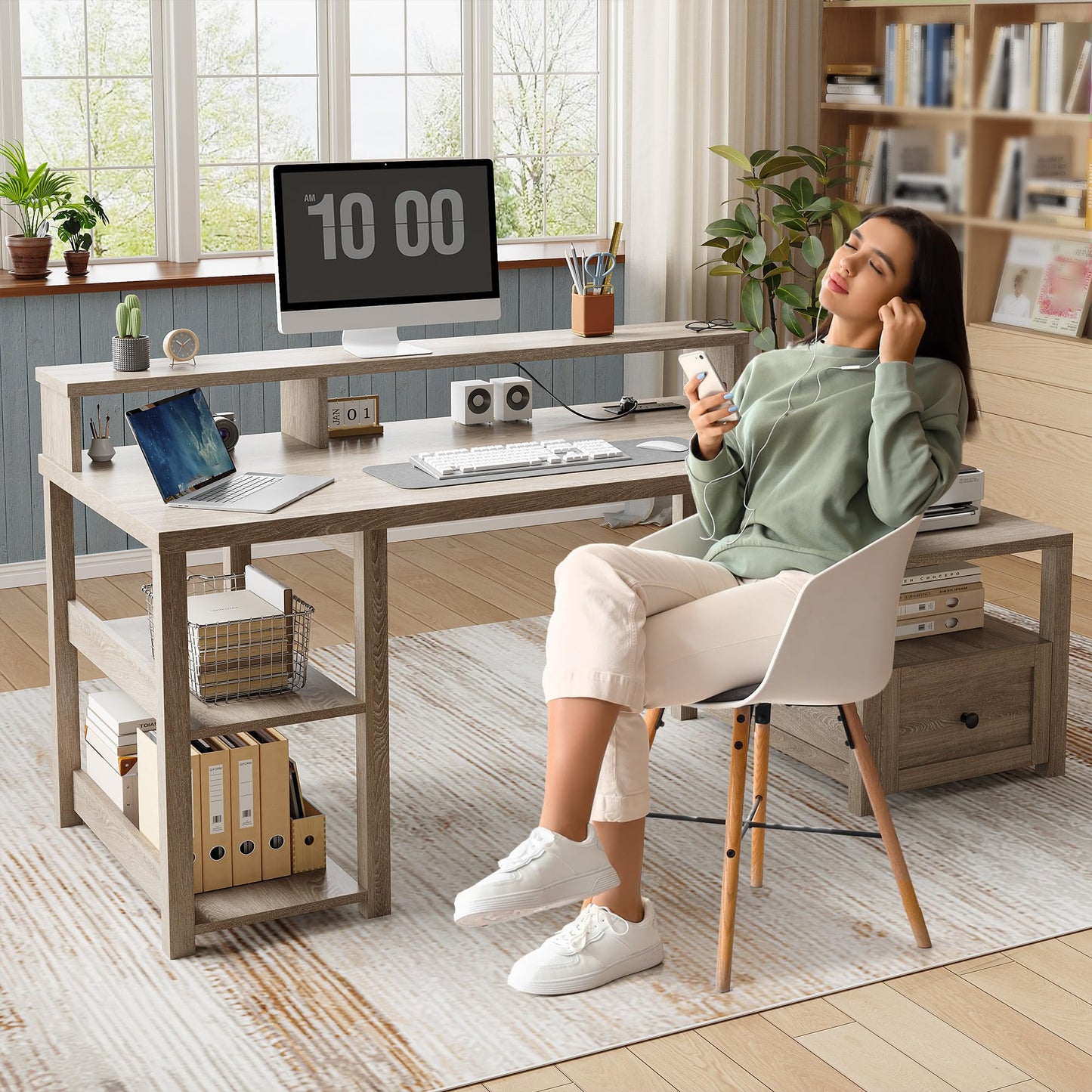 EnHomee 63" Farmhouse Style Computer Desk with Drawers and LED Lights, Storage Shelves and Power Outlets, Home Office Desks with Long Monitor Stand for Work, Study, Writing, Ash Gray