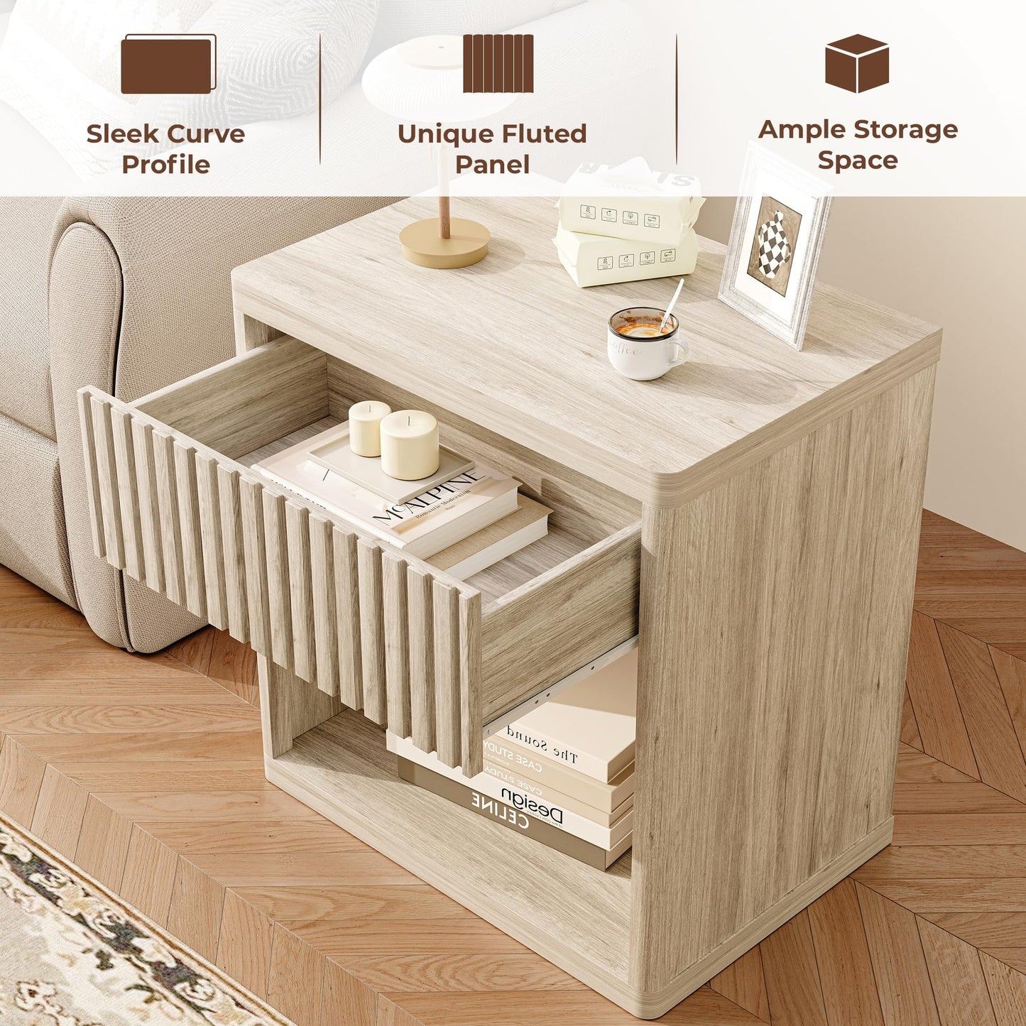 GRUSIGN Nightstand with Drawer Storage Fluted Bed Side Table End Table Large Modern 22.76" Wide Bedside Stand Mid Century Night Stands for Bedroom Living Room Sofa Couch Home Office, Light Grey