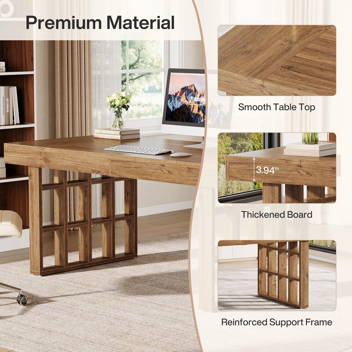 Tribesigns 62.9-Inch Computer Desk, Large Office Executive Desk with Double Pedestal, Simple Wooden Writing Study Table for Home Office