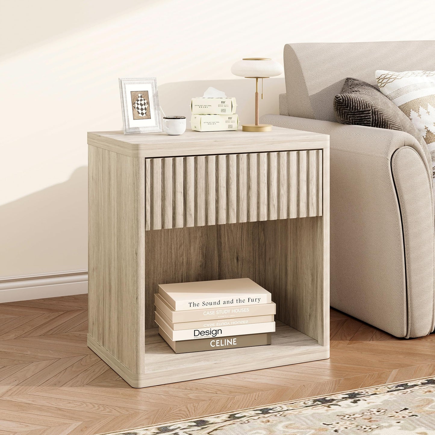 GRUSIGN Nightstand with Drawer Storage Fluted Bed Side Table End Table Large Modern 22.76" Wide Bedside Stand Mid Century Night Stands for Bedroom Living Room Sofa Couch Home Office, Light Grey