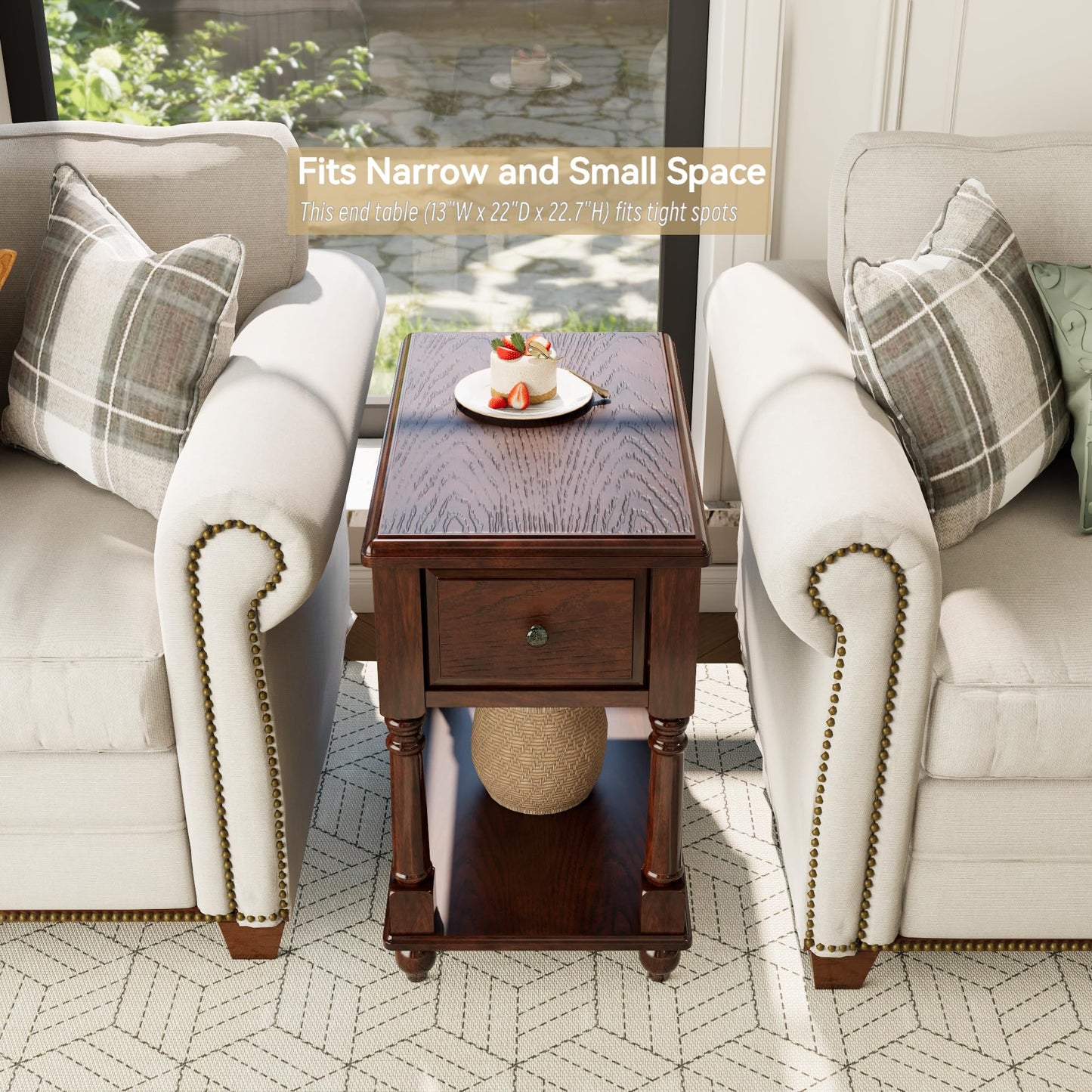 Narrow End SideTable with Drawer and Storage Shelf, Solid Wood Sofa Tables, Slim Beside Table-, Telephone for Small Spaces, Living Room, 22"L x 13"W x 22.7"H No-tools Assembly Dark Walnut BBJ004DWA