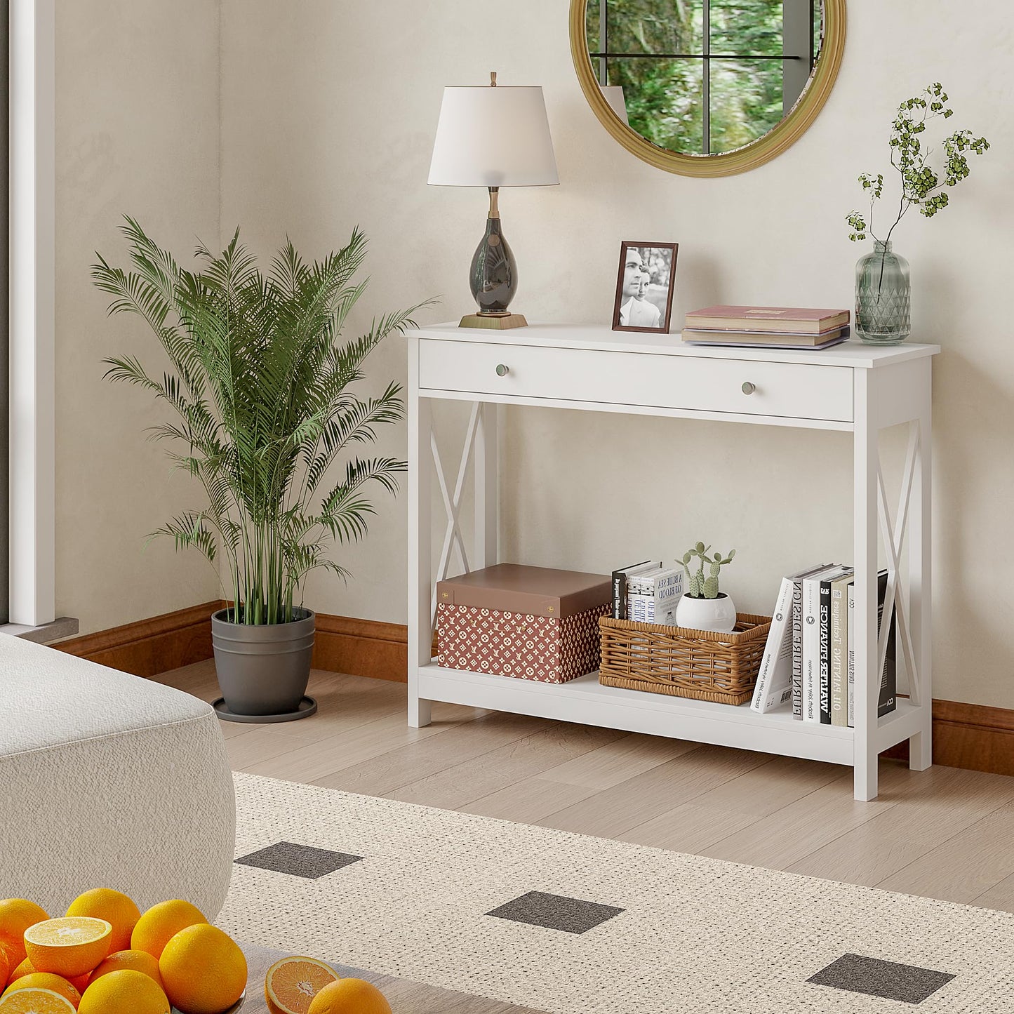 Treocho White Console Table with Drawer and Storage Shelves, Foyer Sofa Table Narrow for Entryway, Living Room, Hallway