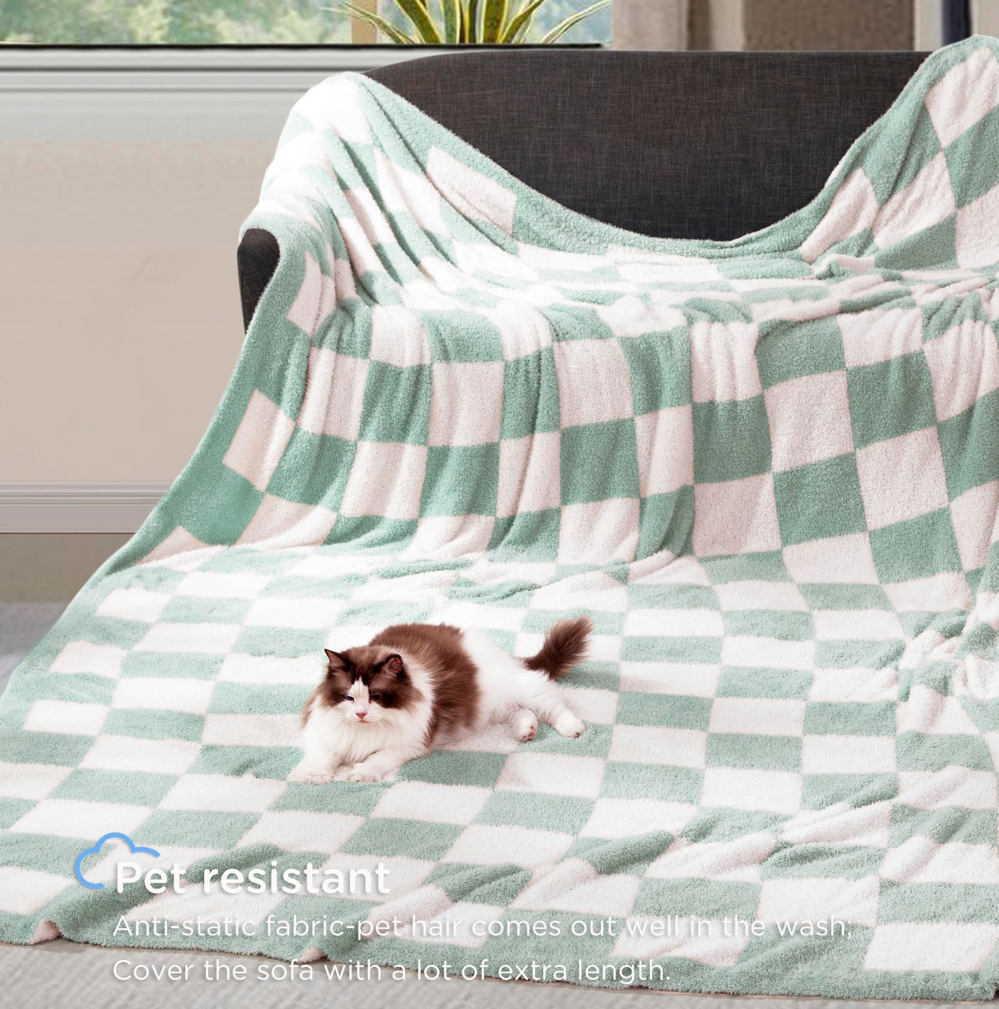 CLOUDS HUG Oversized King Checkered Blanket for Couch - Super Soft Extra Large Throw Blankets for Bed， Fluffy Fuzzy Plush Lightweight Cozy Blanket，120" x 120",Sage Green