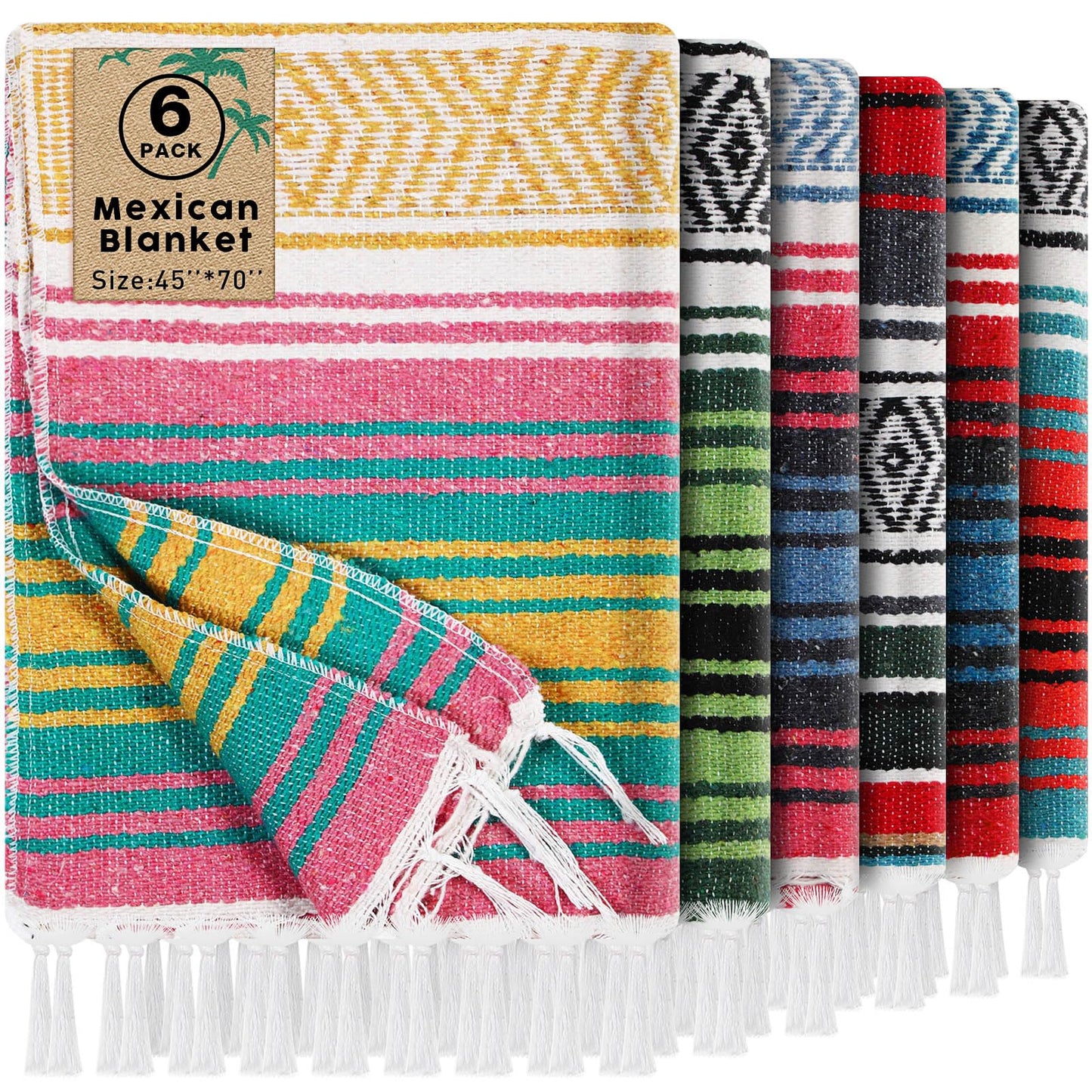 Oudain 6 Pack Mexican Blankets and Throws 45 x 70 Inch, Cotton Outdoor Camping Blanket Woven Serape Yoga Fiesta Picnic Beach Supplies (Retro Color)