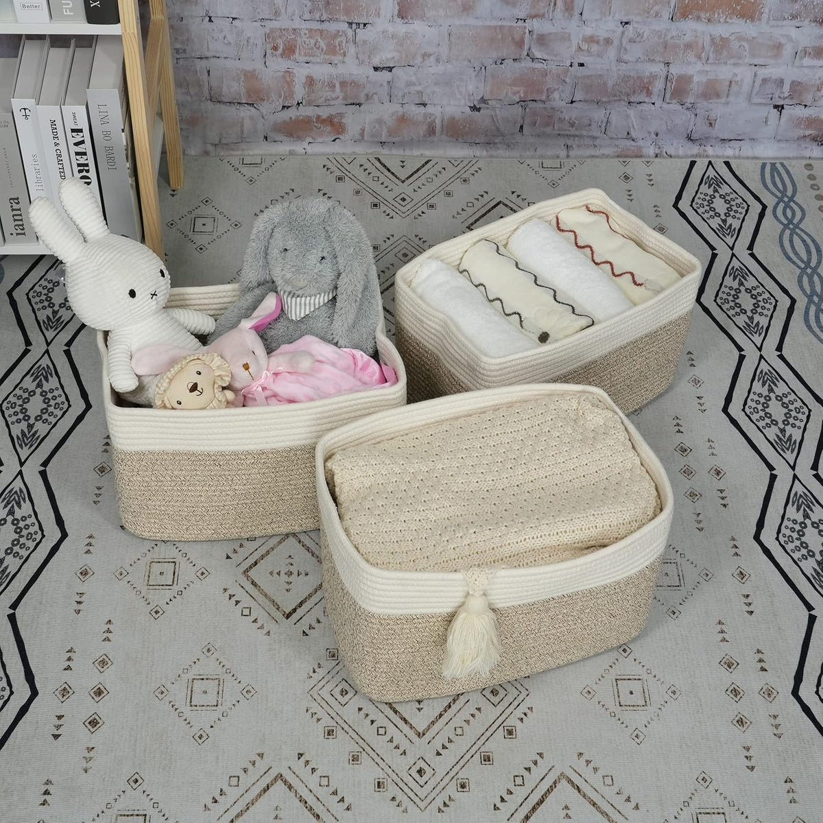 Cotton Rope storage Basket Bins Woven Basket for Organizing Shelves Rectangle Decorative Baskets For storage Clothes Toys Books Towels Square Wicker Nursery basket organizer 3 pack white and brown