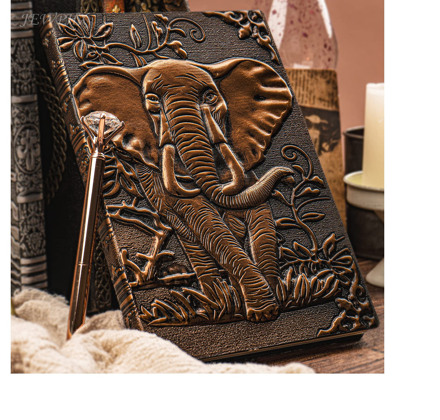 JEWPHX 3D Elephant Vintage Leather Journal Writing Notebook with Pen Set,Antique Handmade Leather Daily Notepad Sketchbook,Travel Diary&Notebooks to Write in,Elephant Journal Gift for Men Women