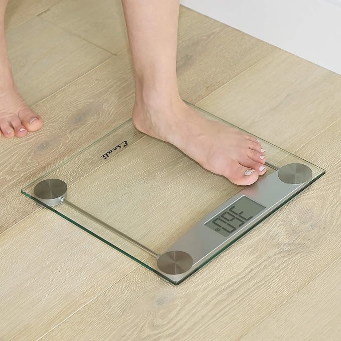 Escali Digital Glass Bath Scale for Body Weight, Bathroom Body Scale, High Capacity of 400 lb, Battery Included, Clear Glass