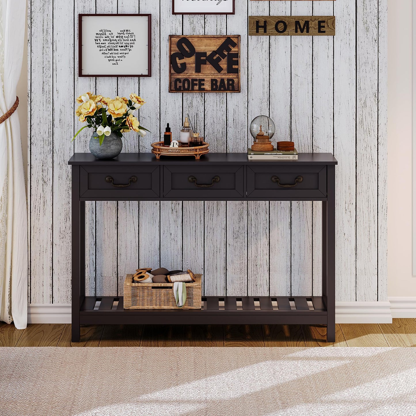 ChooChoo Console Table with 3 Drawers, Rustic Entryway Table, Narrow Long Sofa Table for Living Room, Hallway, Behind Couch, Black